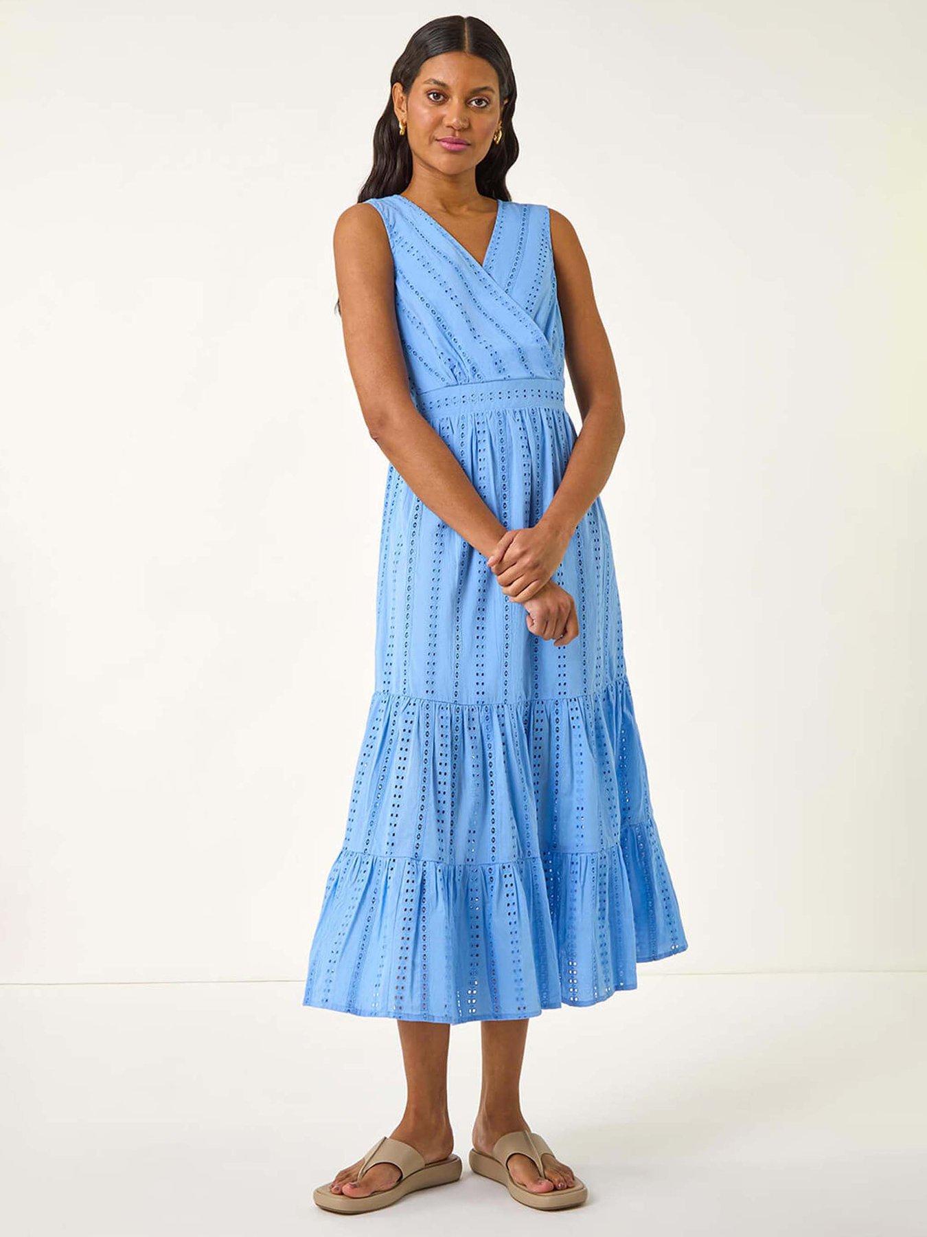 undefined Embroidered V-neck Midi Dress - Light Blue
