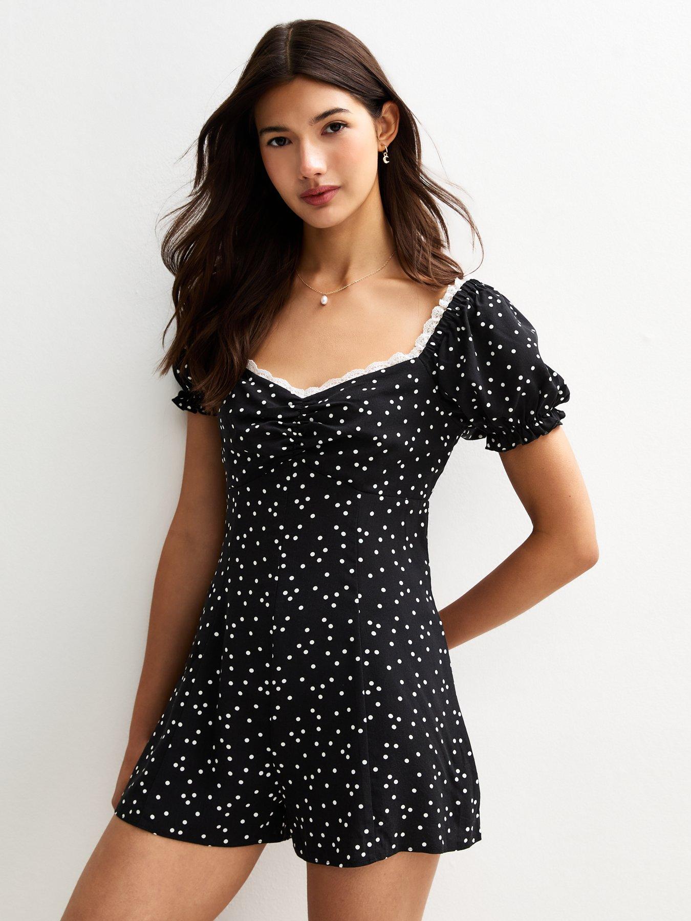 New Look Black Polka Dot Lace Trim Playsuit