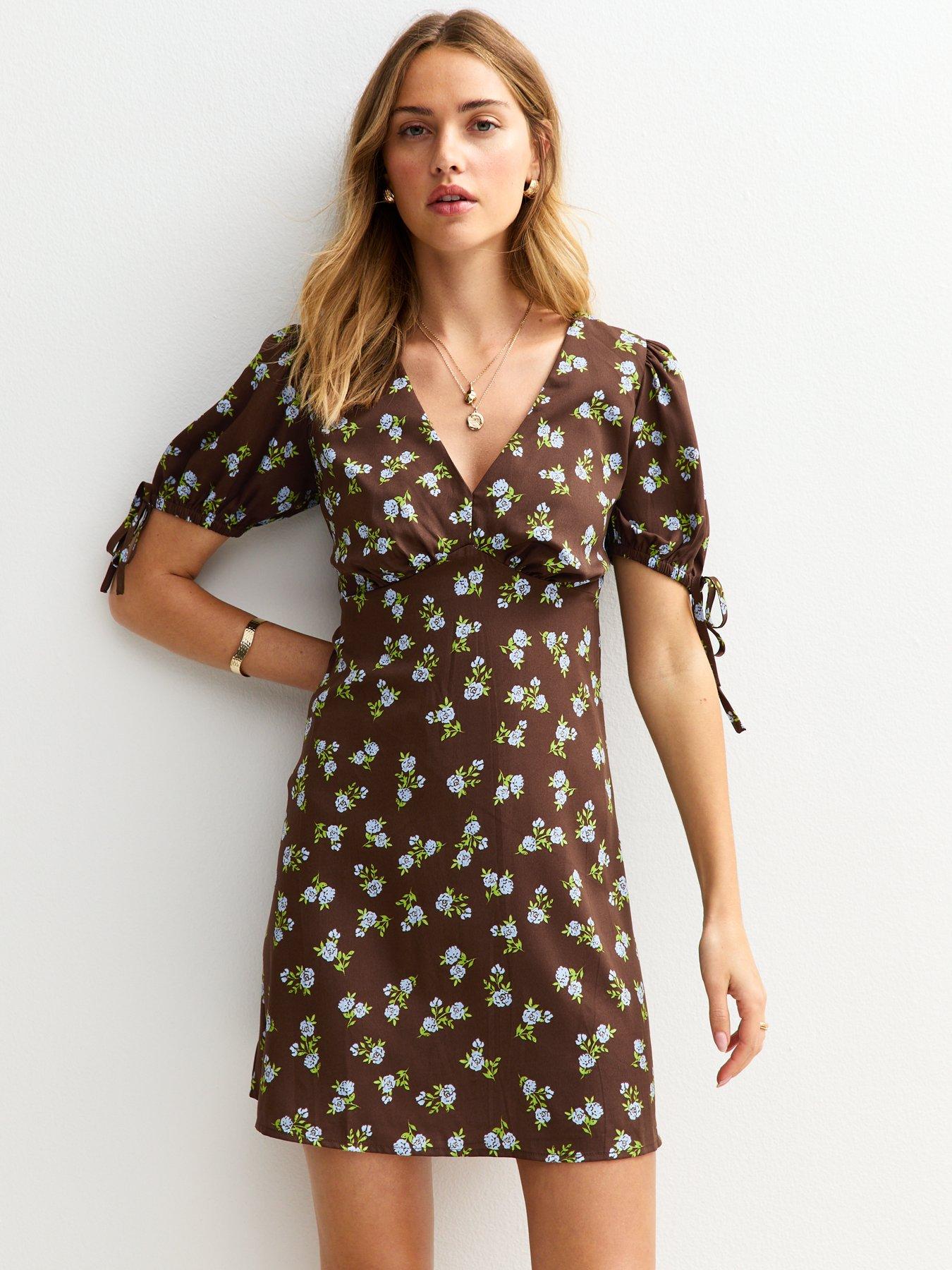 undefined Brown Rose Print V-neck Tie Sleeve Mini Dress