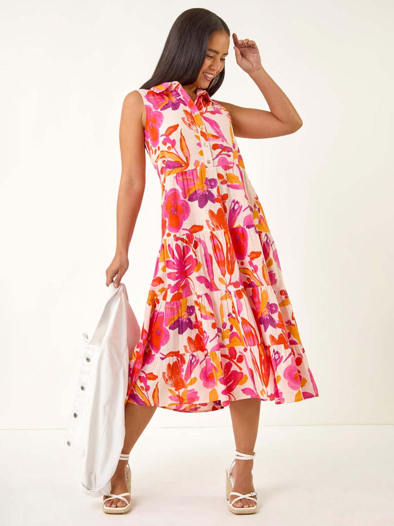 undefined Petite Floral Contrast Tiered Collar Dress - Pink