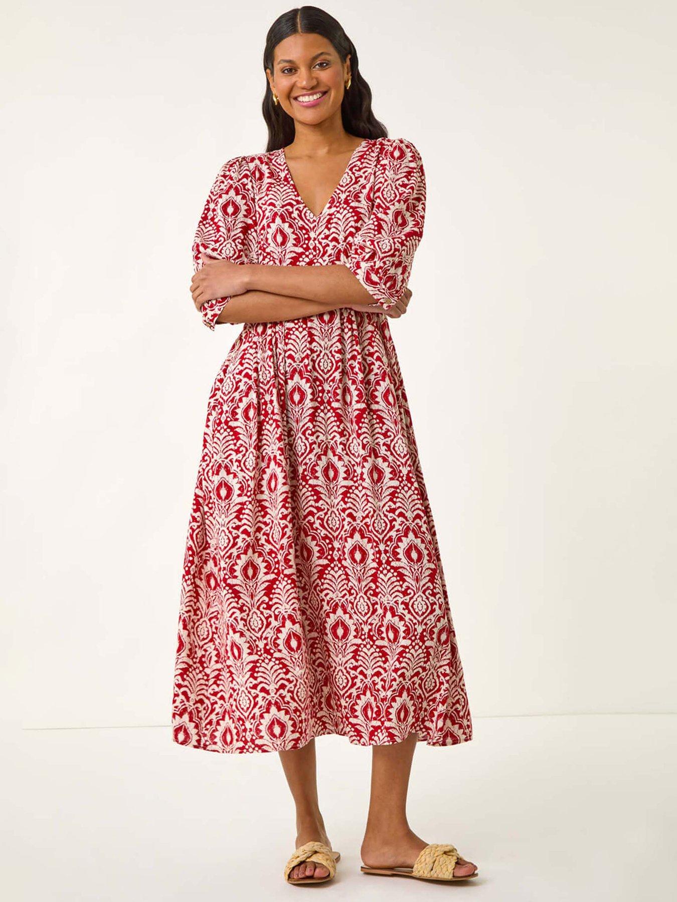 Roman Abstract Print V-Neck Midi Dress - Red