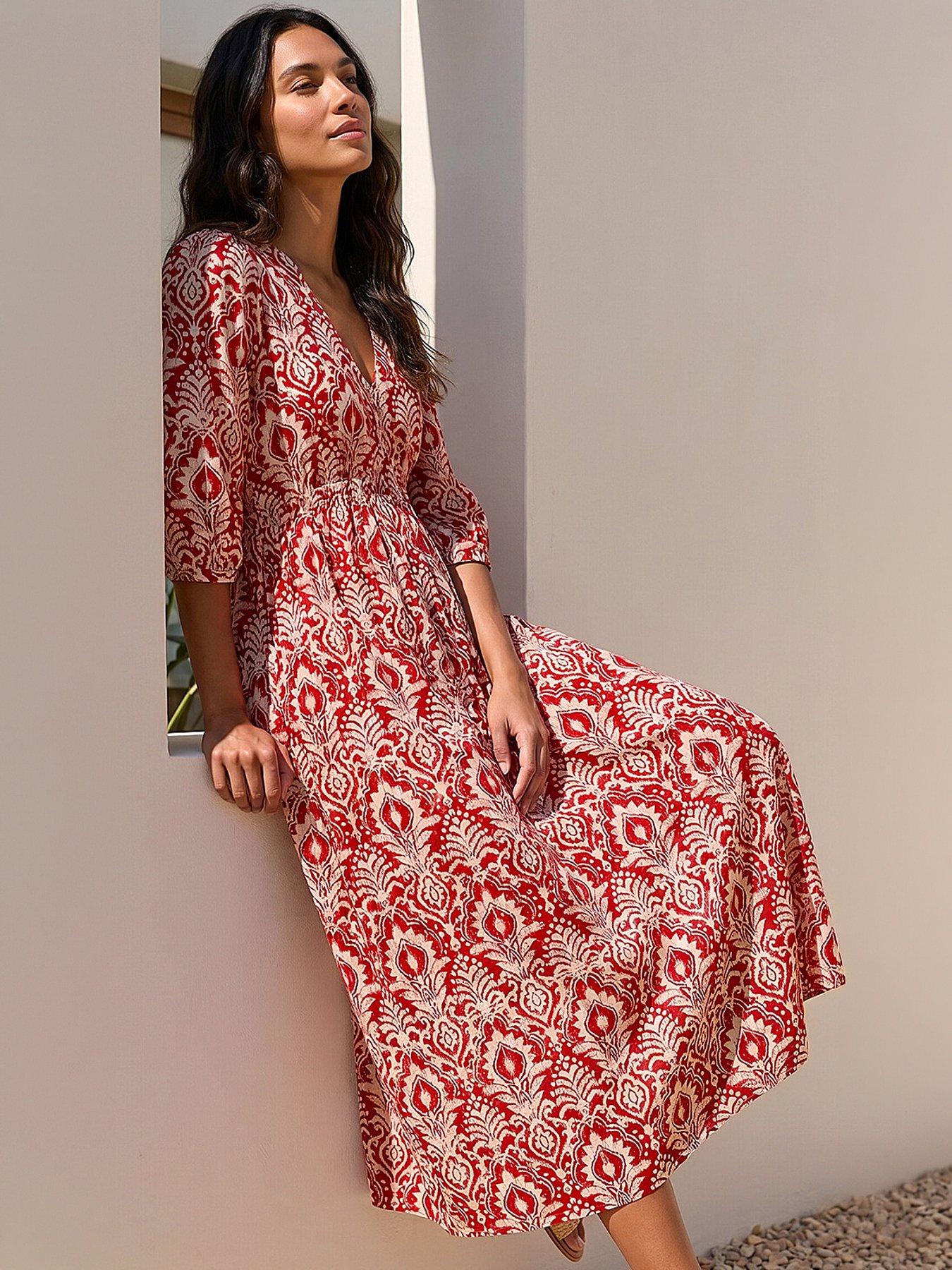 Roman Abstract Print V-Neck Midi Dress - Red