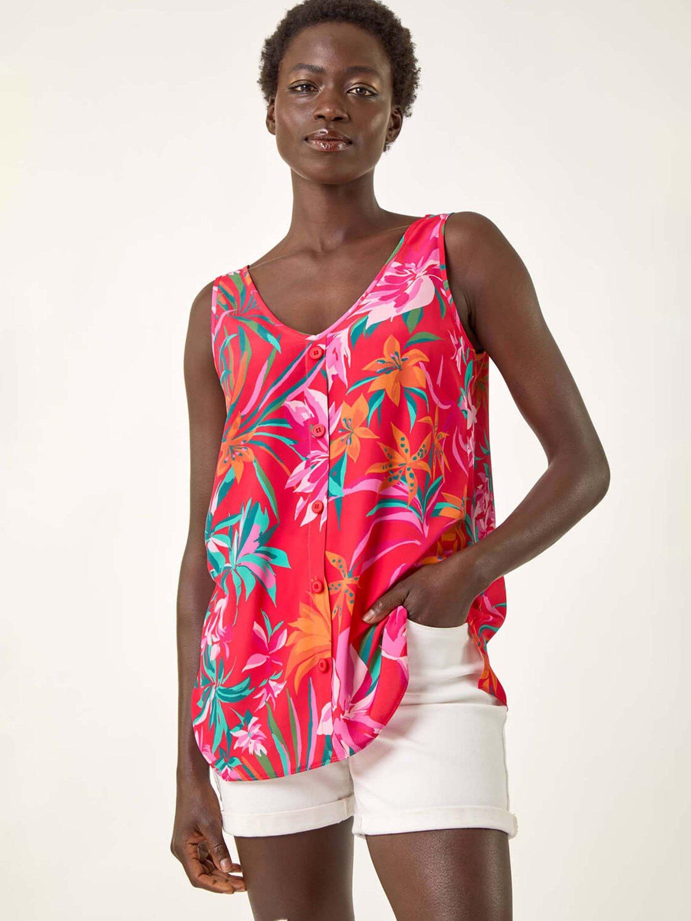 undefined Tropical Print V-Neck Button Cami Top - Red