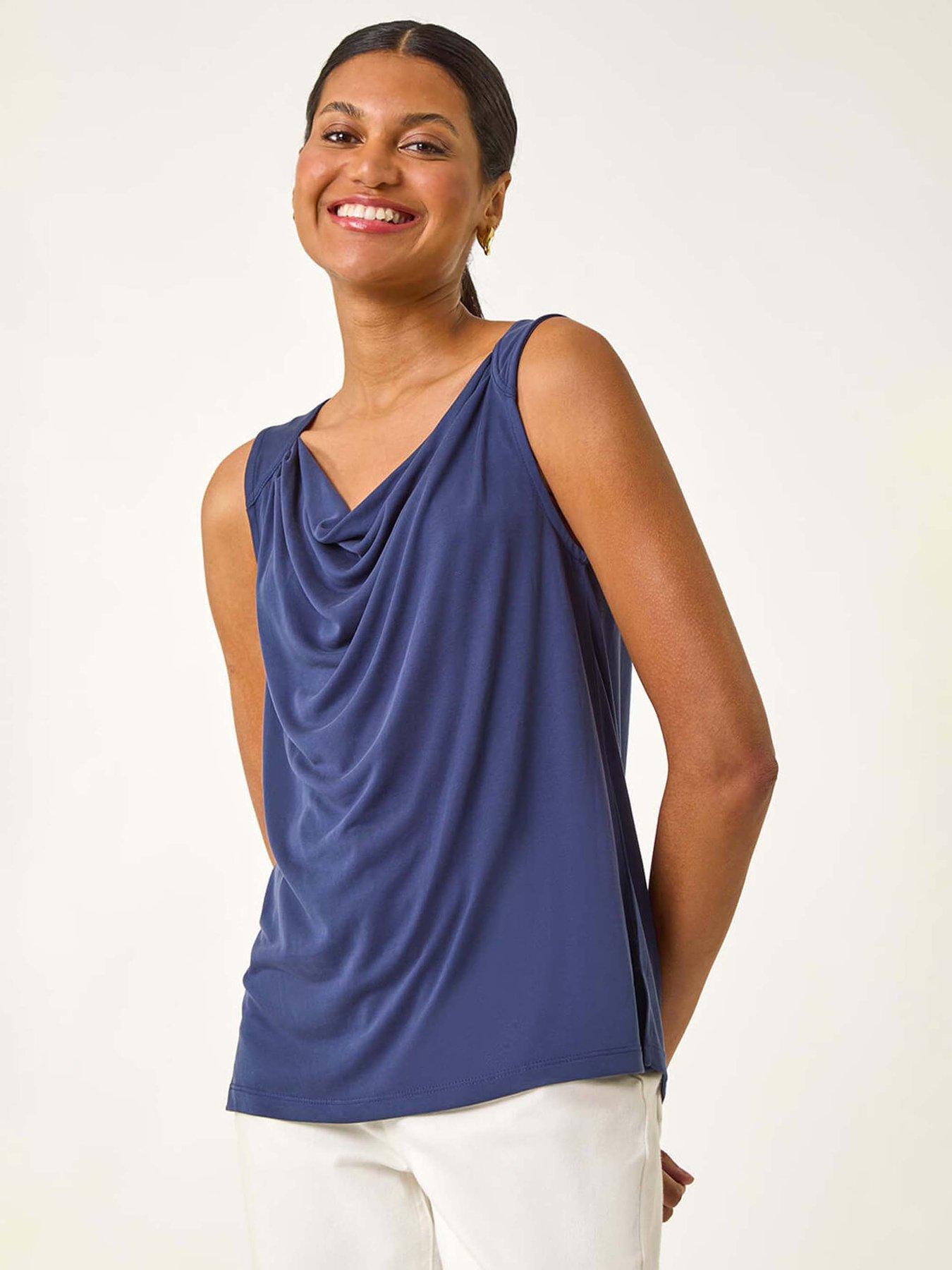 Roman Cowl Neck Stretch Top - Navy