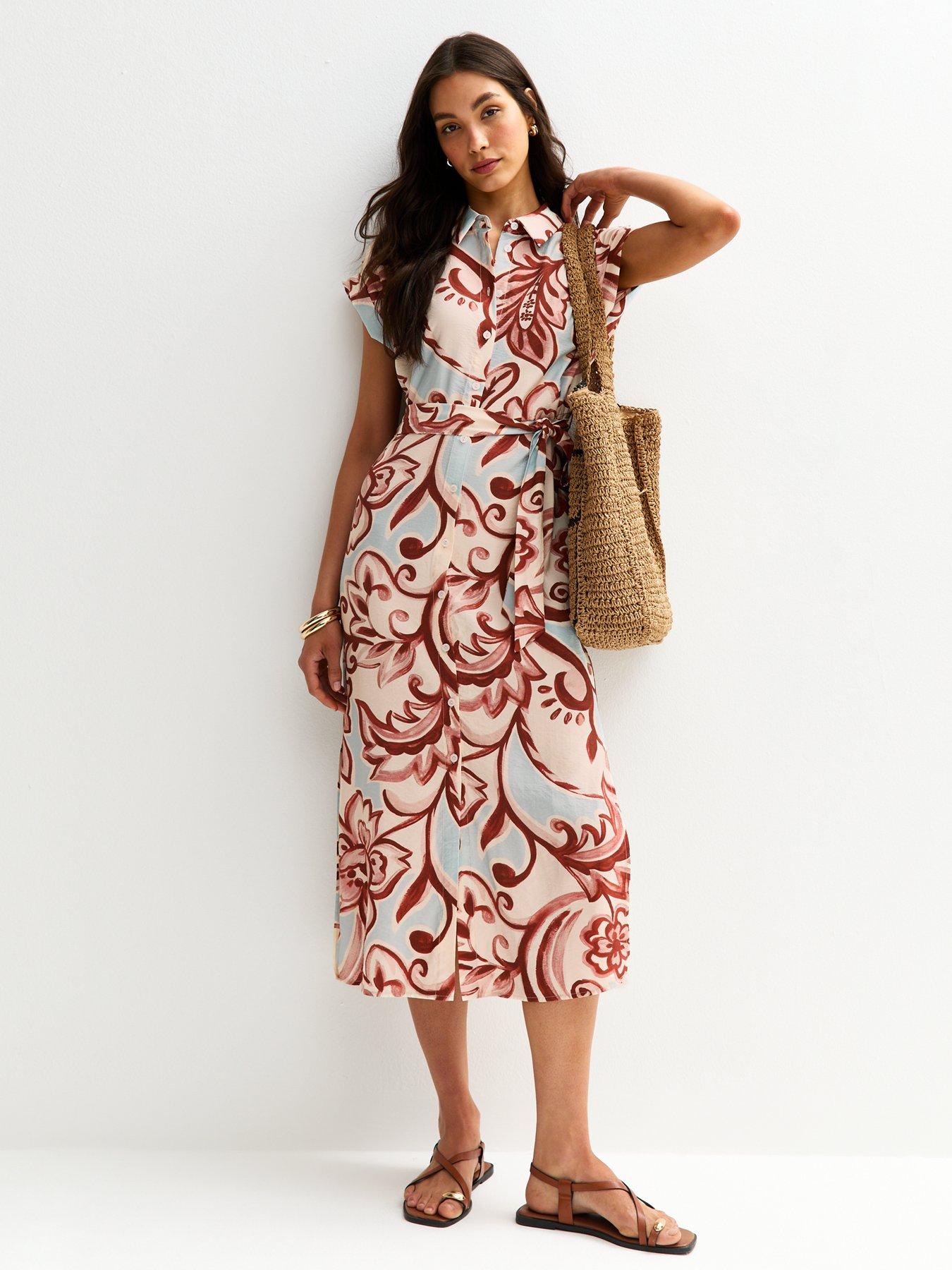 undefined Cream Paisley Print Short Sleeve Midi Shirt Dress