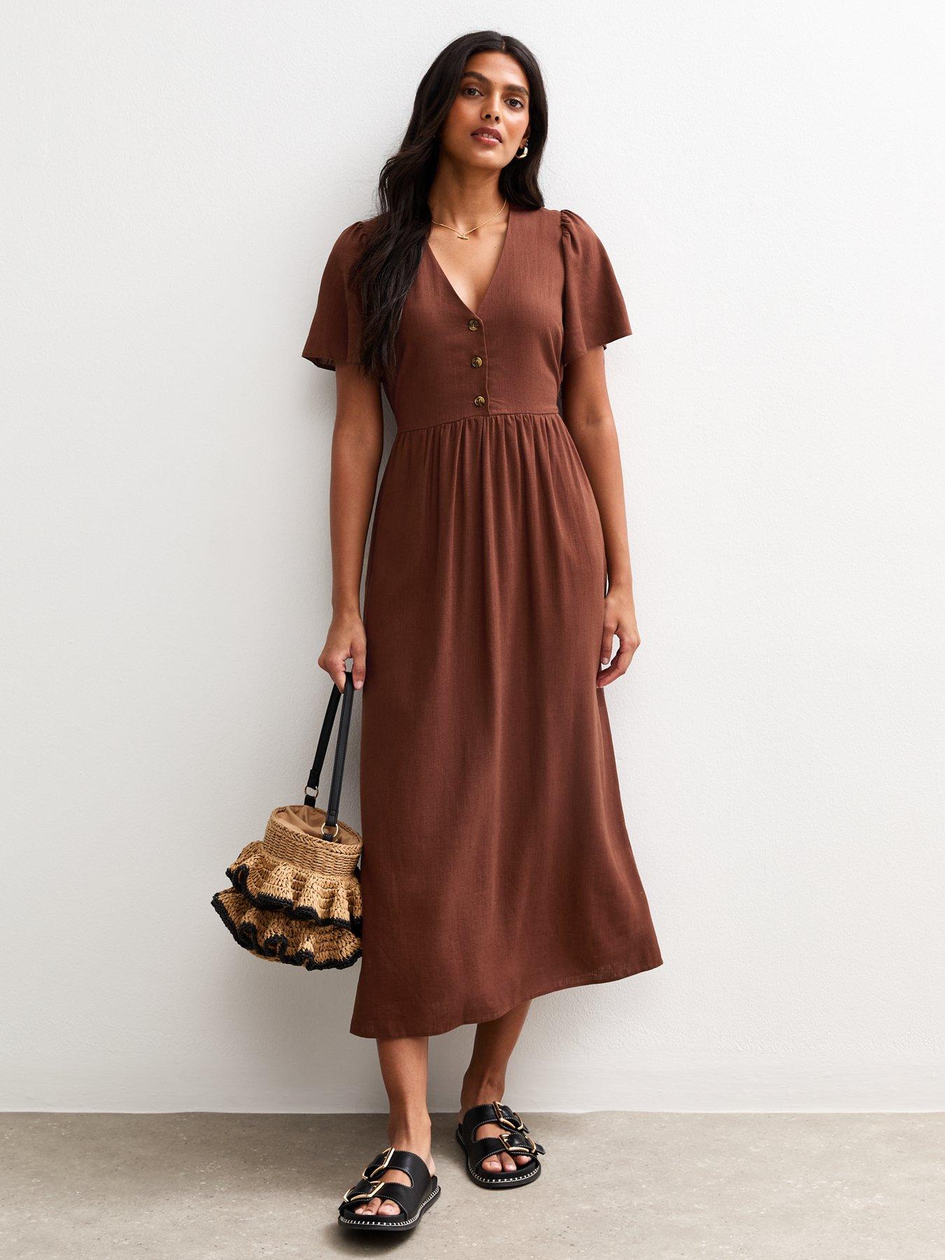 Image 1 of 4 of New Look Flutter Sleeve Button Up Midi Dress - Brown