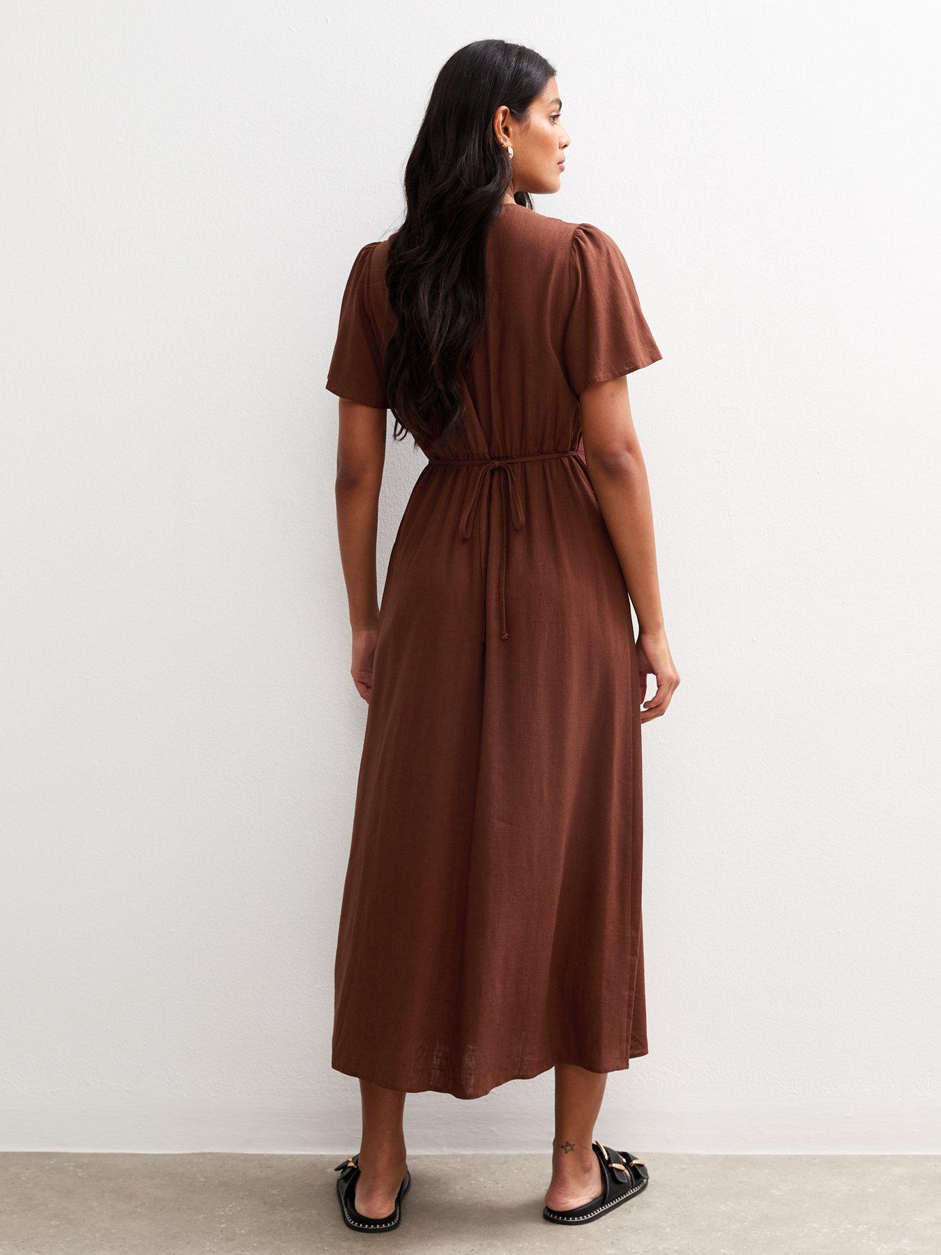 Image 2 of 4 of New Look Flutter Sleeve Button Up Midi Dress - Brown