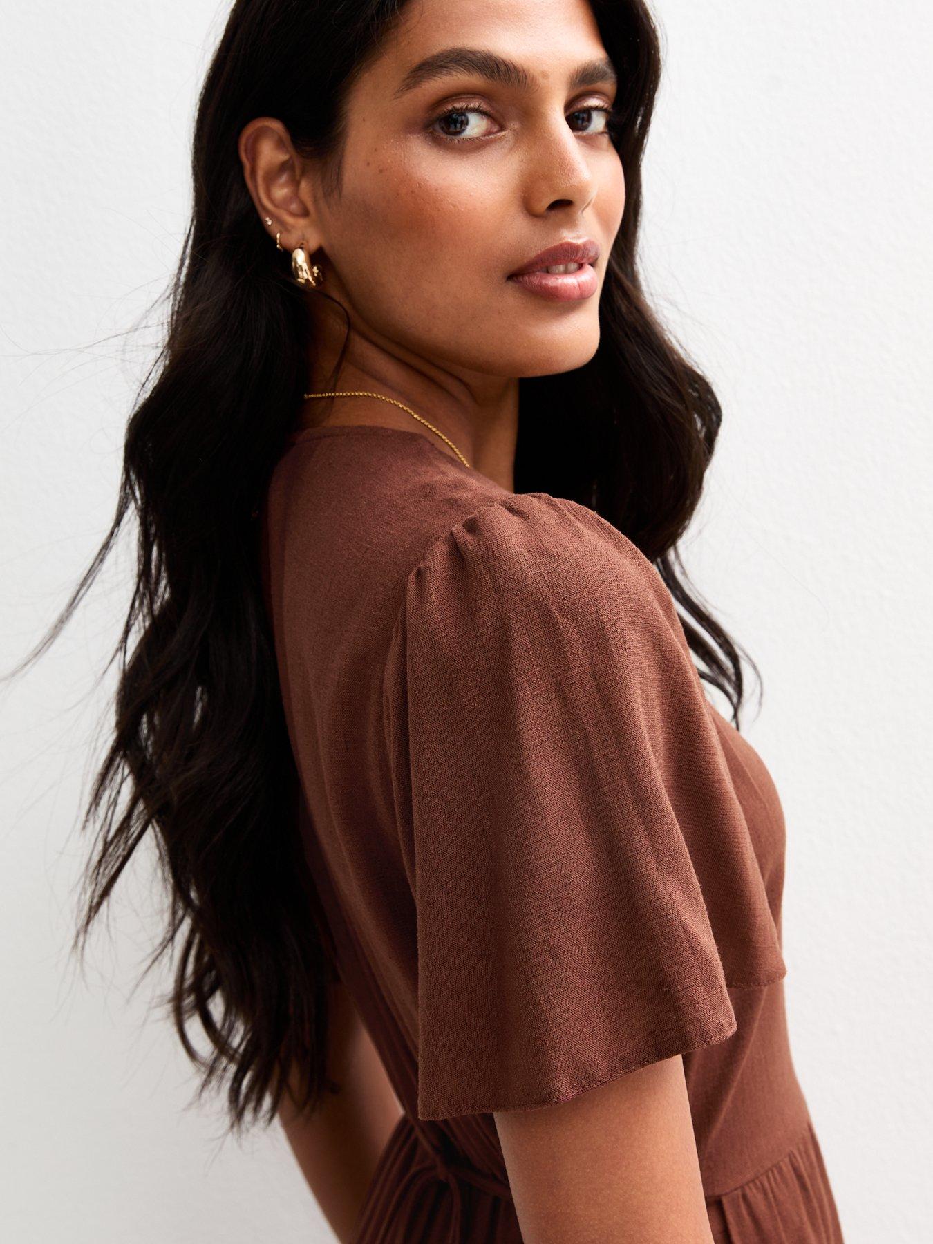 Image 4 of 4 of New Look Flutter Sleeve Button Up Midi Dress - Brown