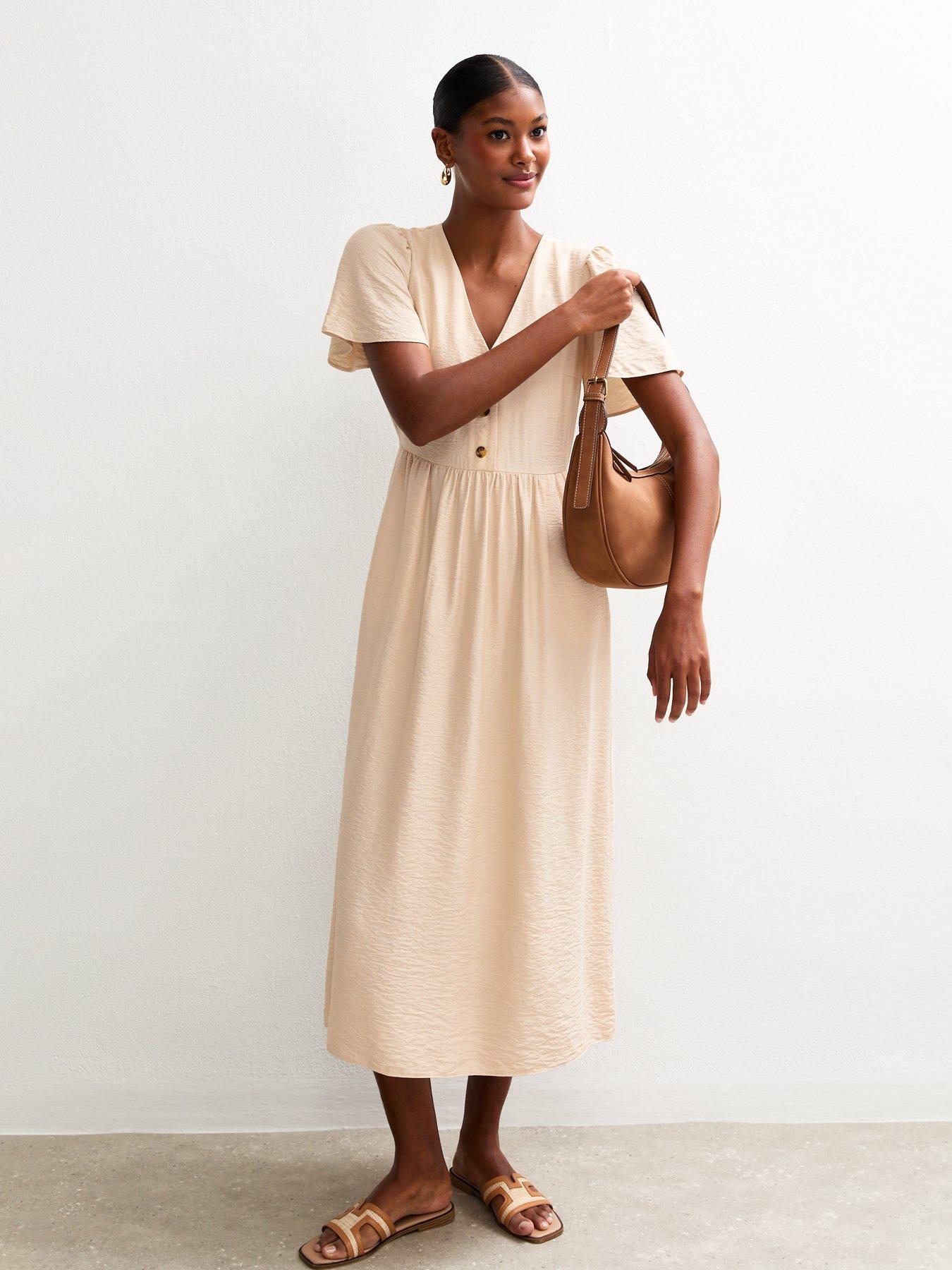 undefined Light Yellow Flutter Sleeve V-neck Midi Dress
