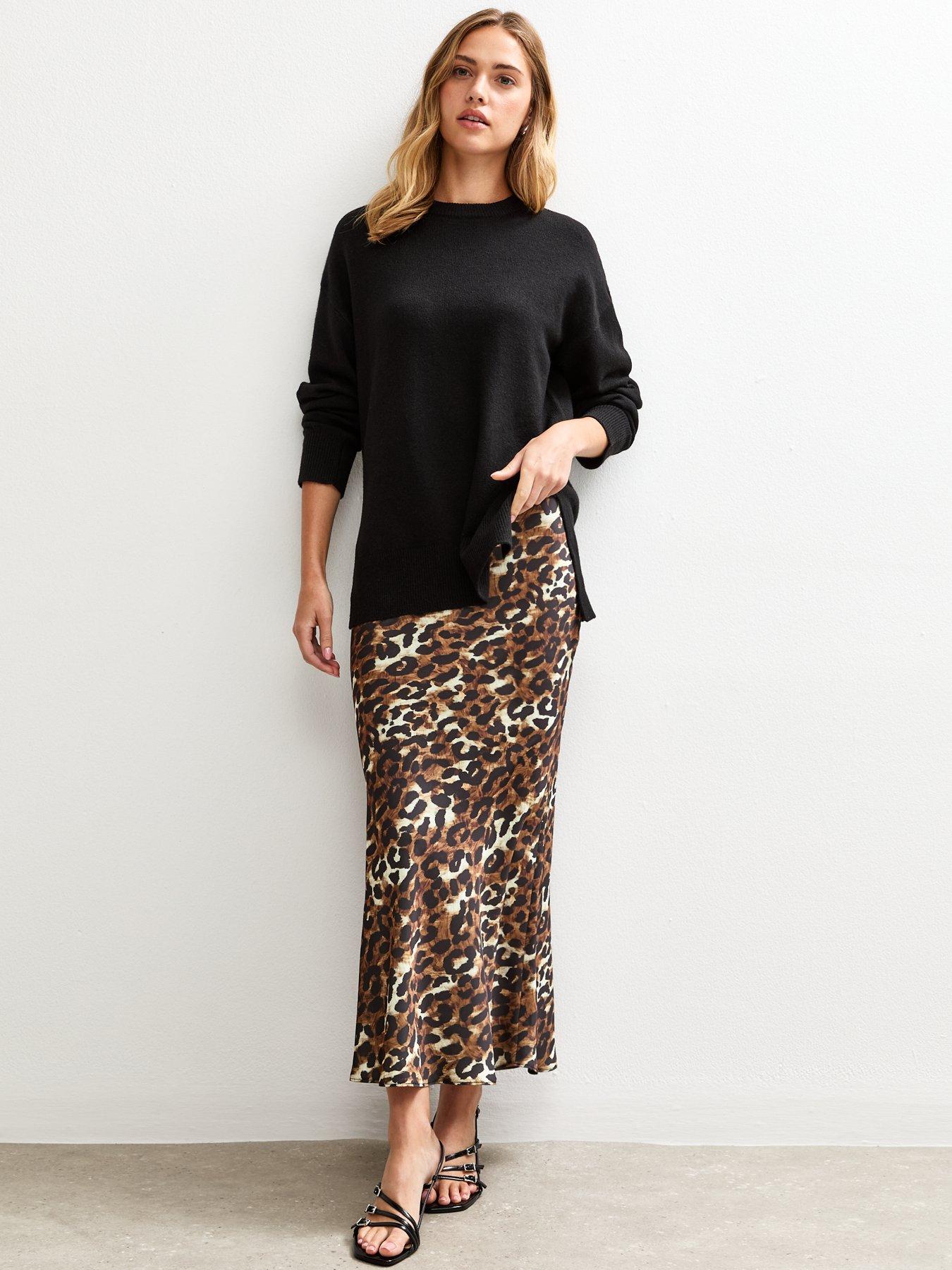 undefined Brown Animal Print Satin Bias Cut Midi Skirt