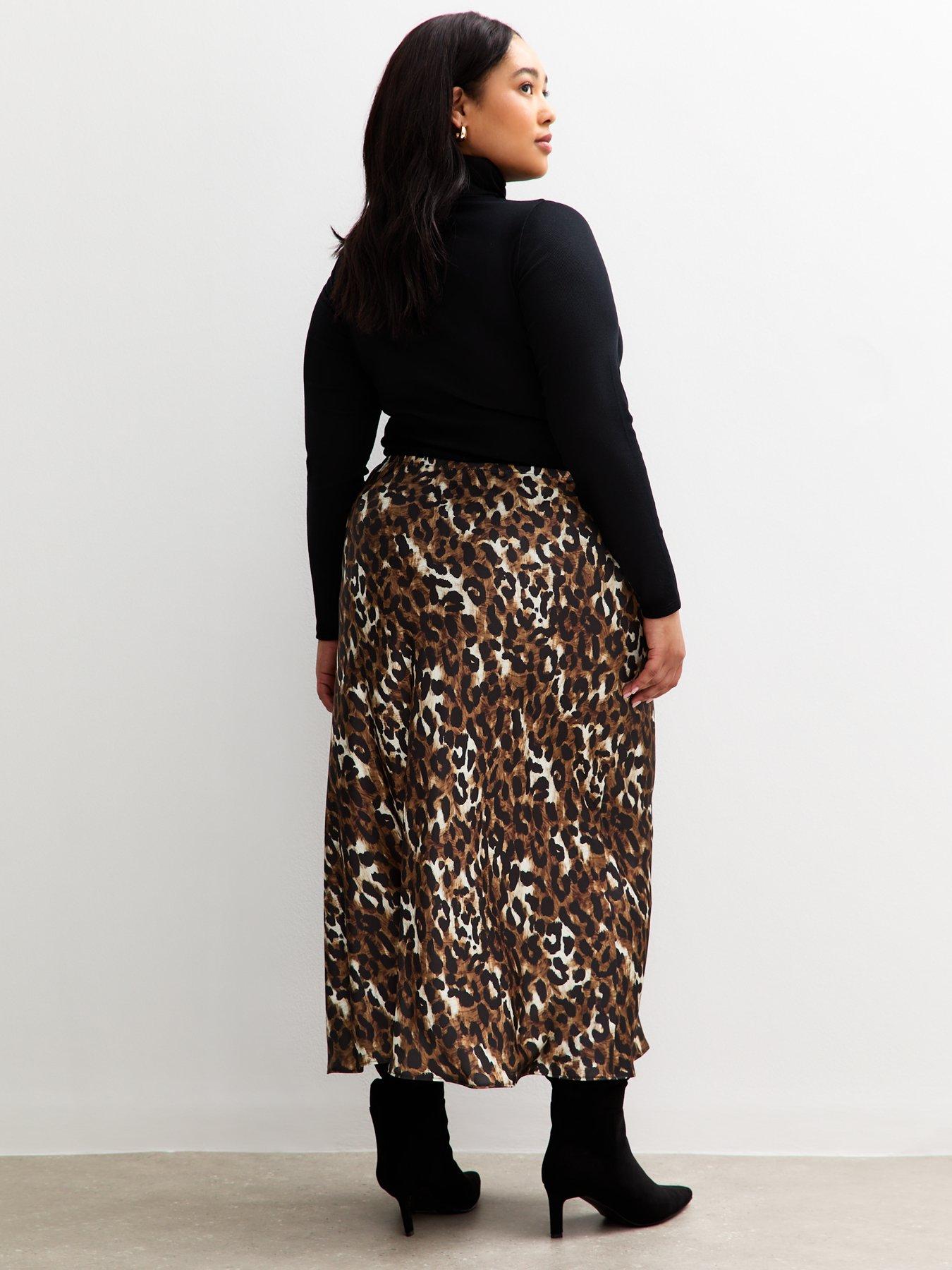Image 2 of 5 of New Look Curves Brown Leopard Print Bias Cut Midi Skirt