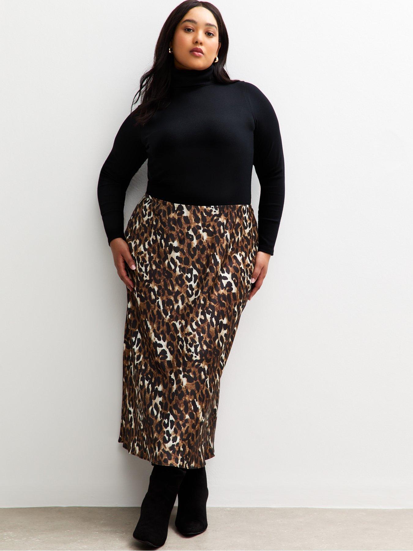 Image 3 of 5 of New Look Curves Brown Leopard Print Bias Cut Midi Skirt