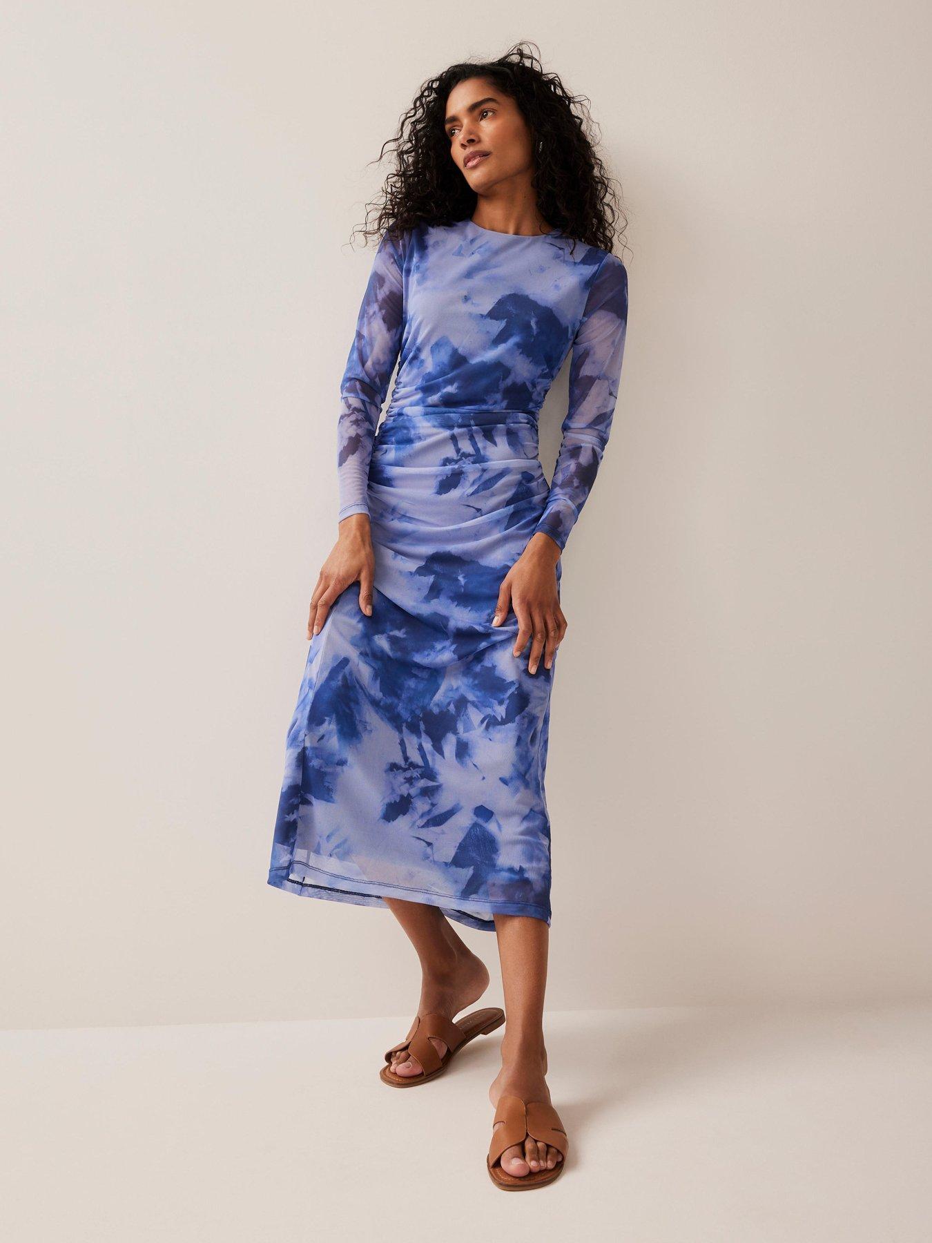 undefined Abstract Print Mesh Midi Dress - Blue