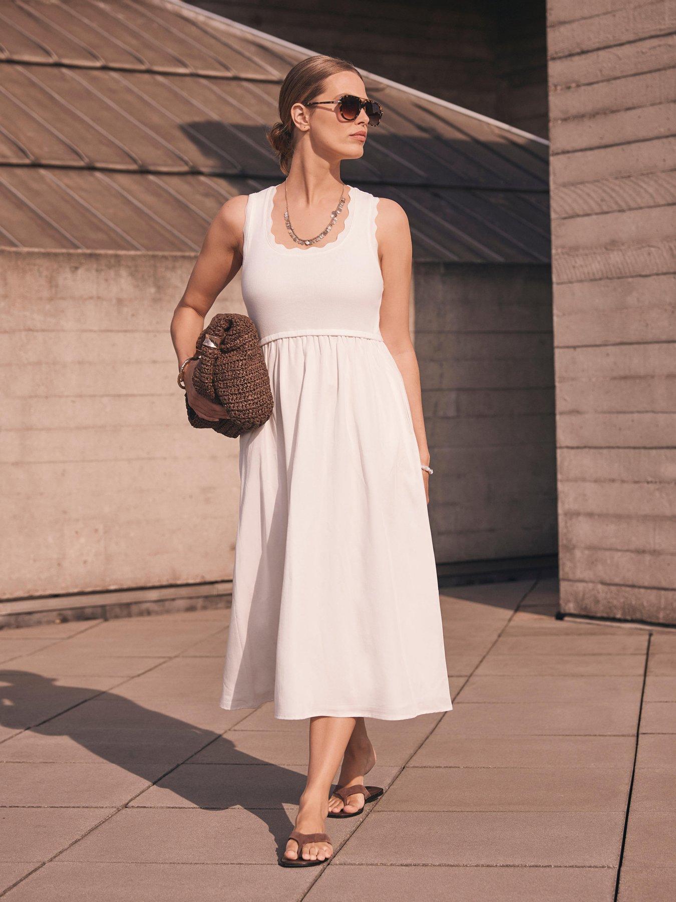 undefined Scallop Detail Woven Mix Dress - White