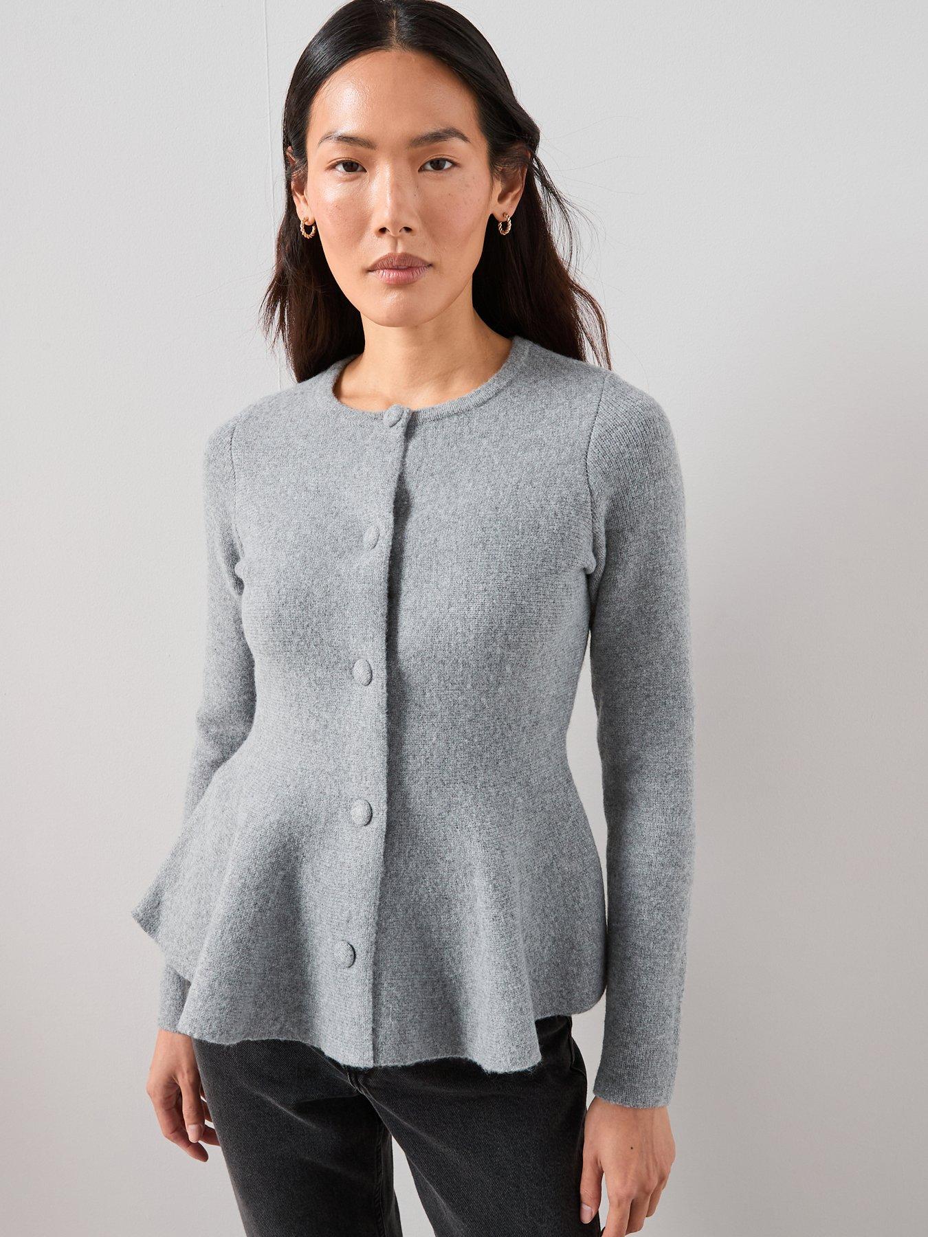 The Very Collection Crew Neck Covered Button Peplum Cardigan - Grey
