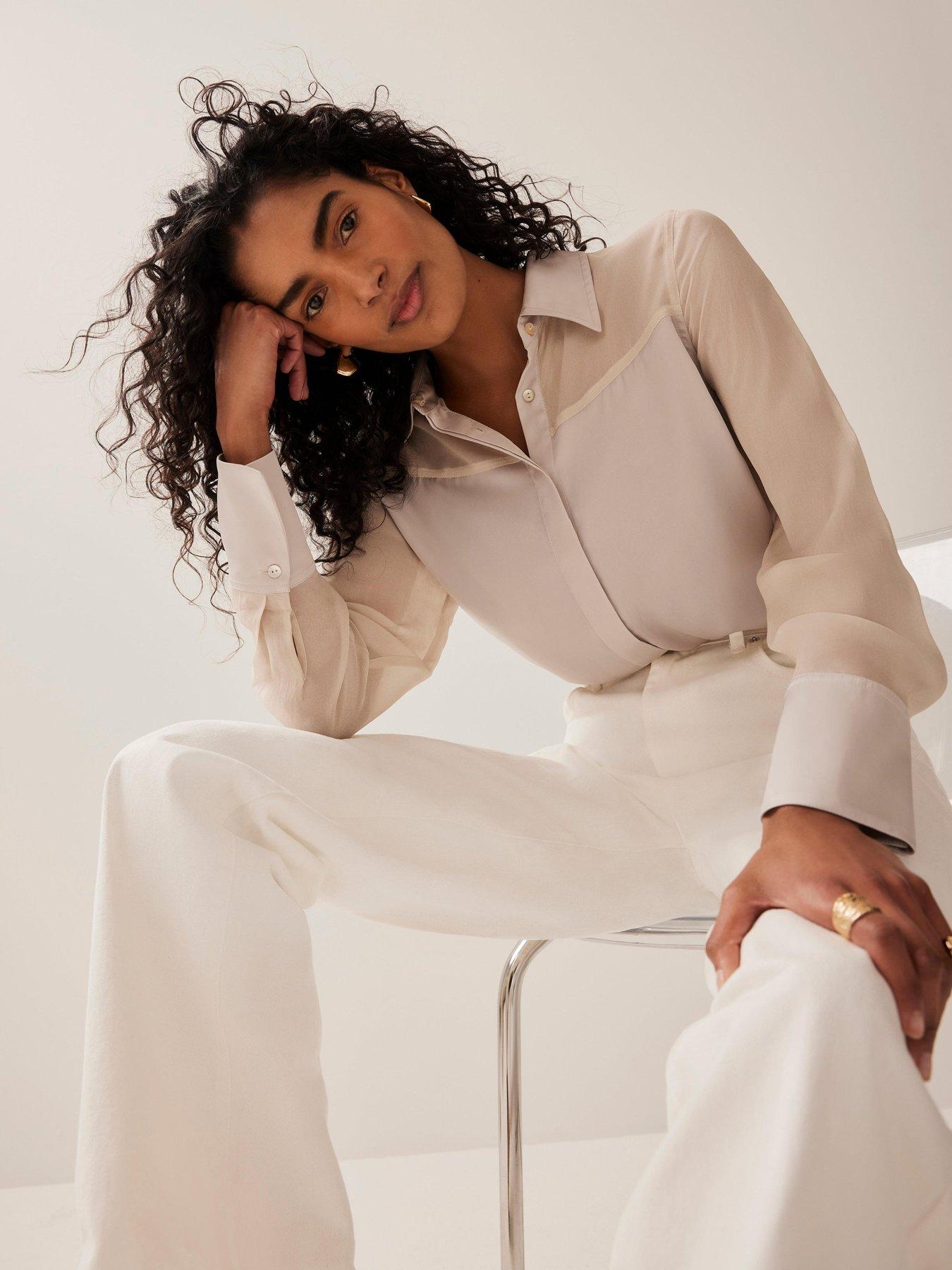 undefined Neutral Blocked Satin Shirt - Beige