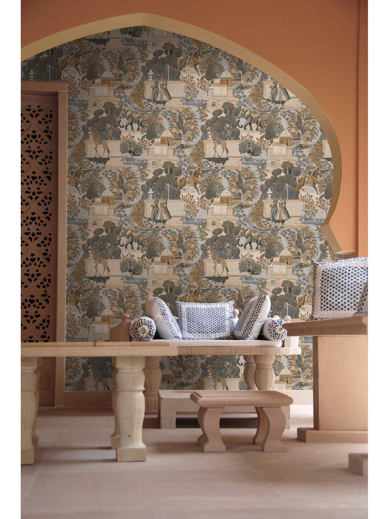 Holden Decor Animal Palace Wallpaper - Navy/orange
