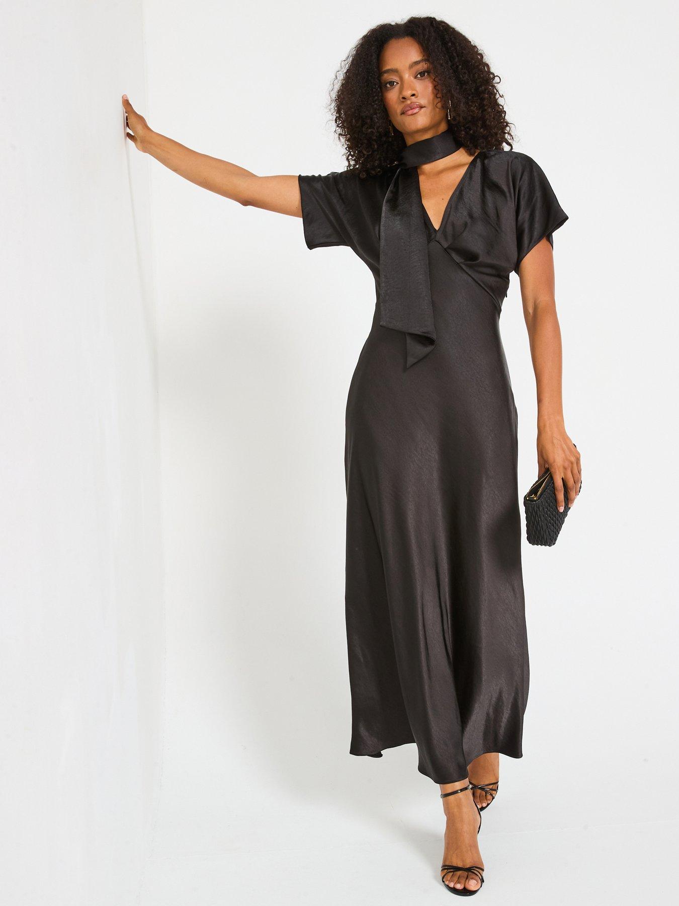 undefined Satin Tie Neck Maxi Dress - Black