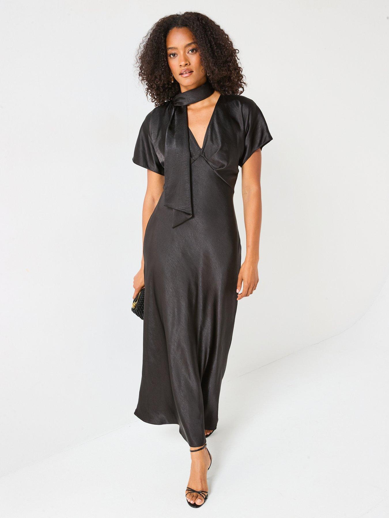 Image 3 of 6 of V by Very Satin Tie Neck Maxi Dress -&nbsp;Black