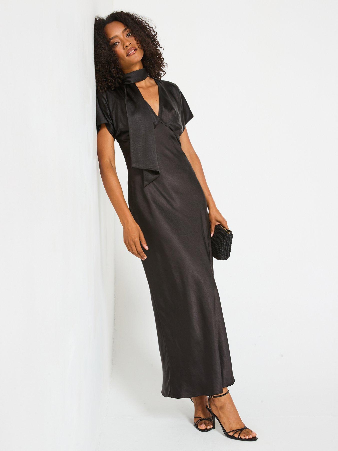 Image 6 of 6 of V by Very Satin Tie Neck Maxi Dress -&nbsp;Black