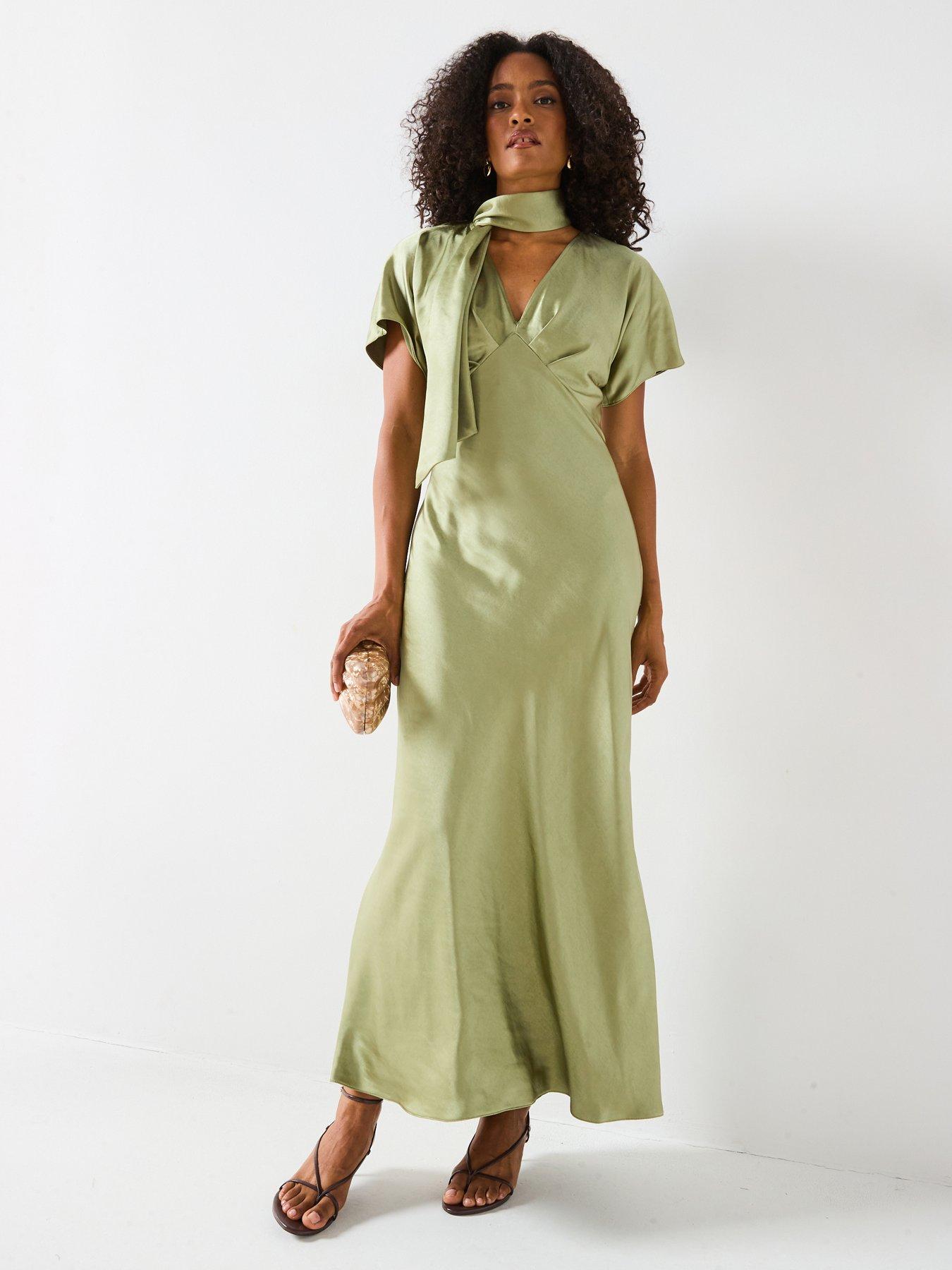 V by Very Satin Tie Neck Maxi Dress - Green | Very