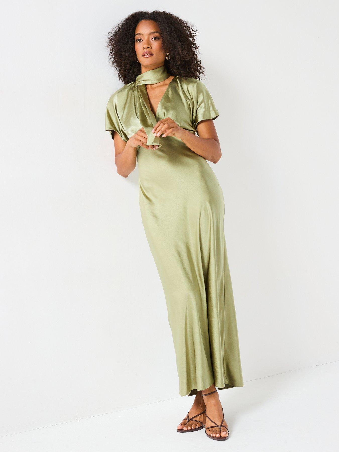 V by Very Satin Tie Neck Maxi Dress - Green | Very