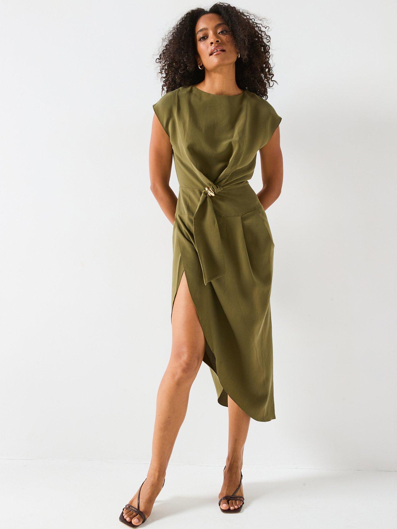 undefined Gold Trim Midaxi Dress - Khaki