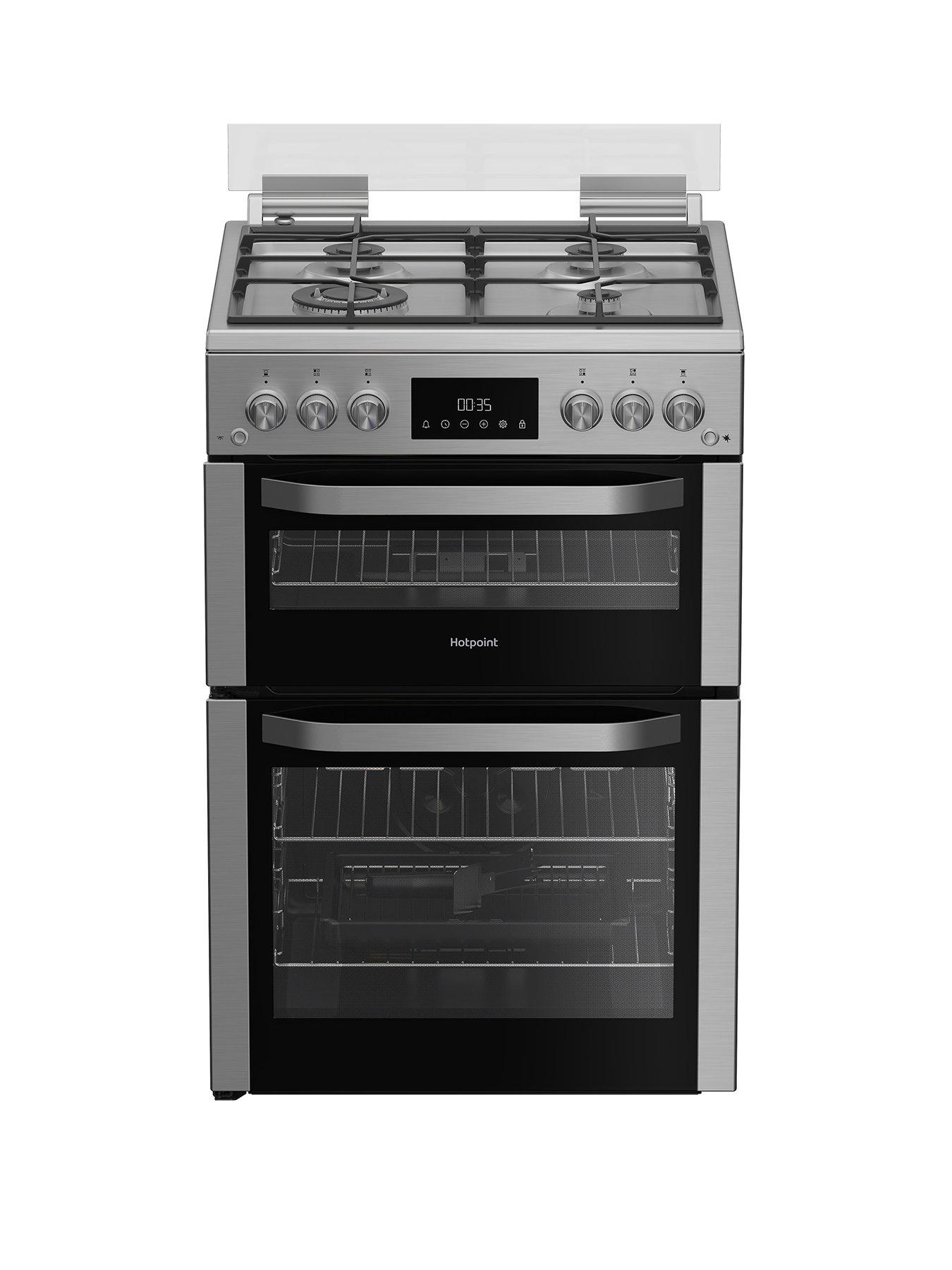 Hotpoint HDG6GDCWX 60cm Gas Double Cooker with Glass Lid - Stainless Steel