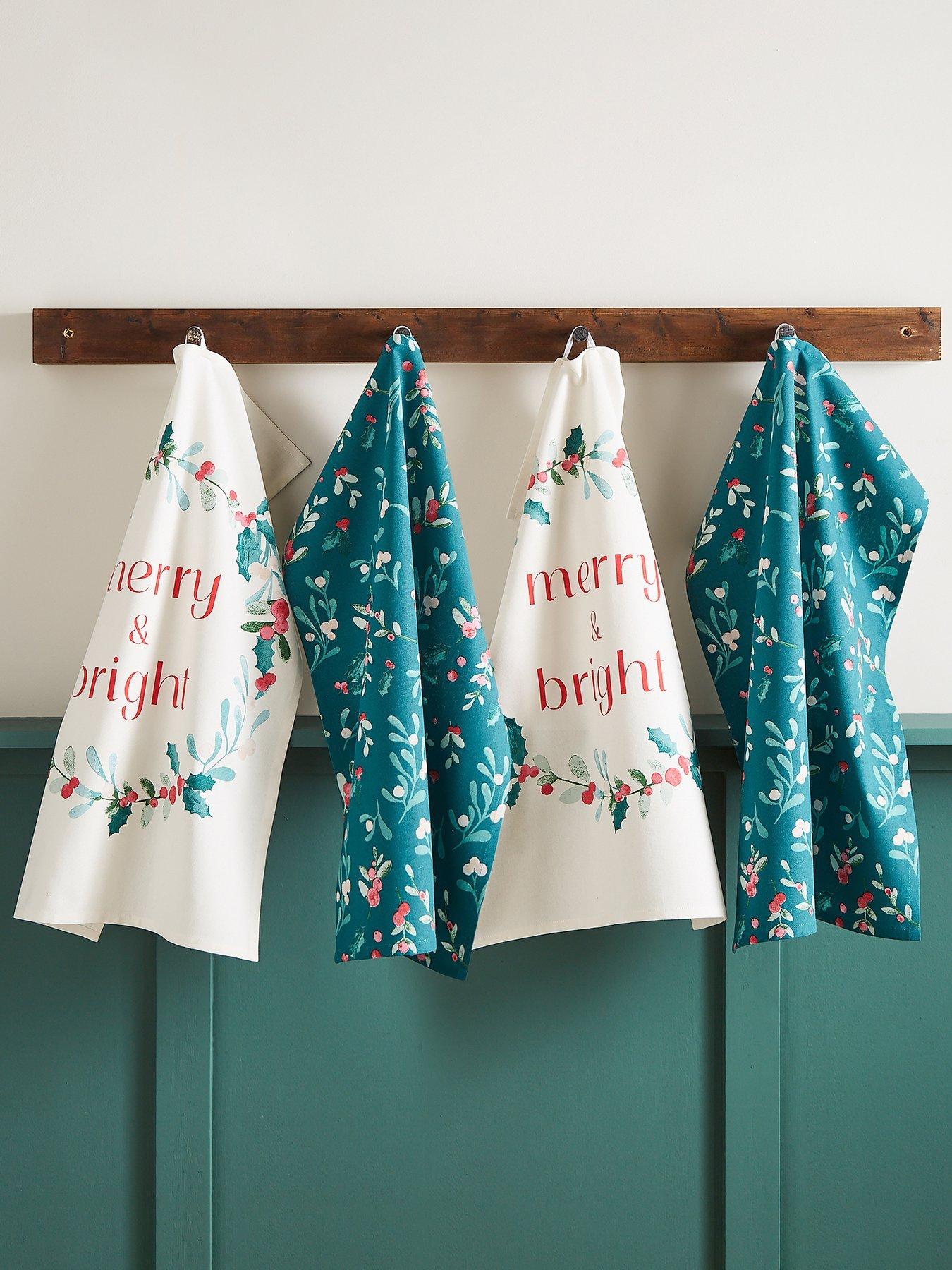 Catherine Lansfield Christmas Holly And Mistle Toe Tea Towels 4 Pk