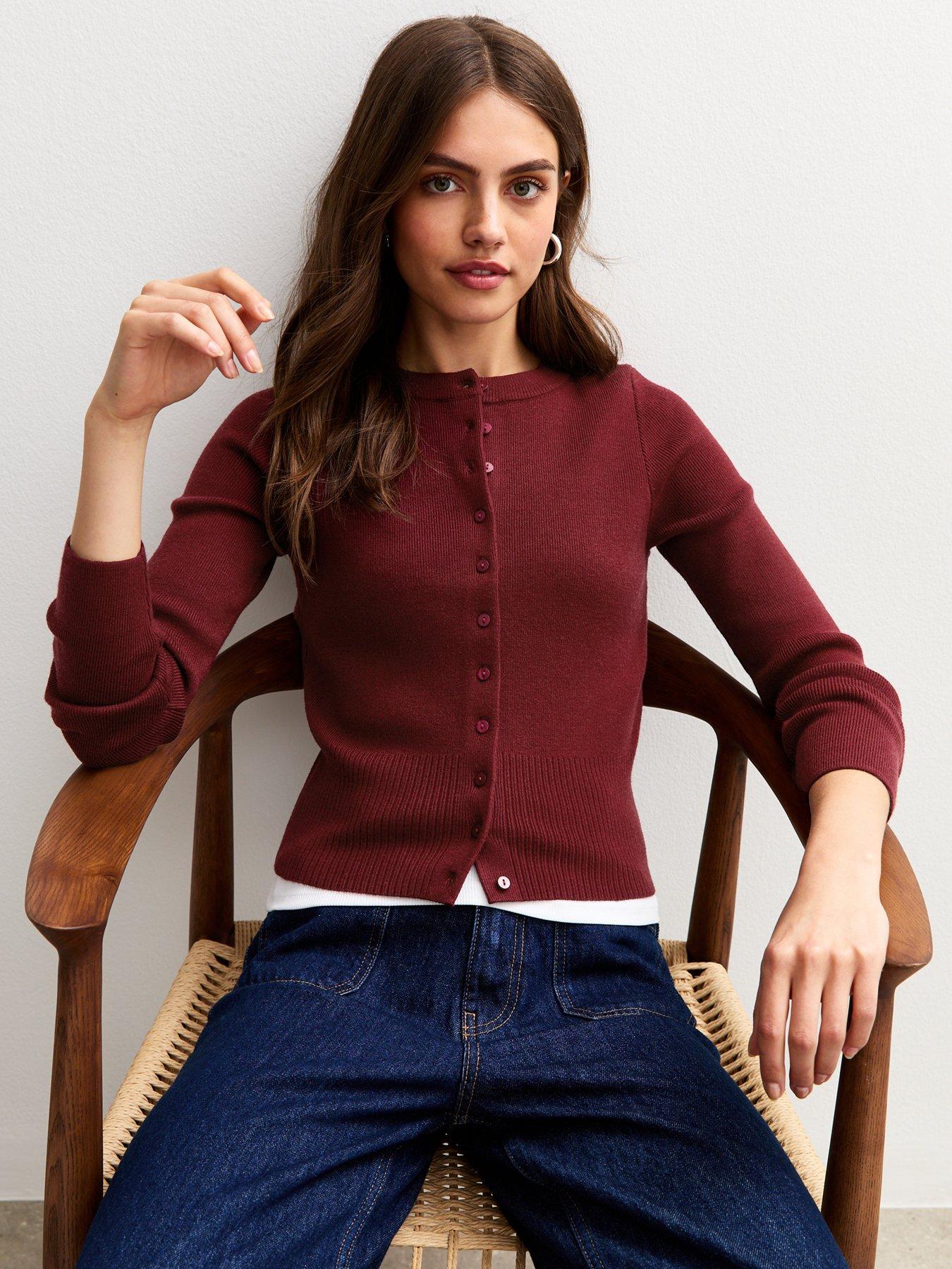 undefined Dark Red Compact Knit Crew Neck Cardigan