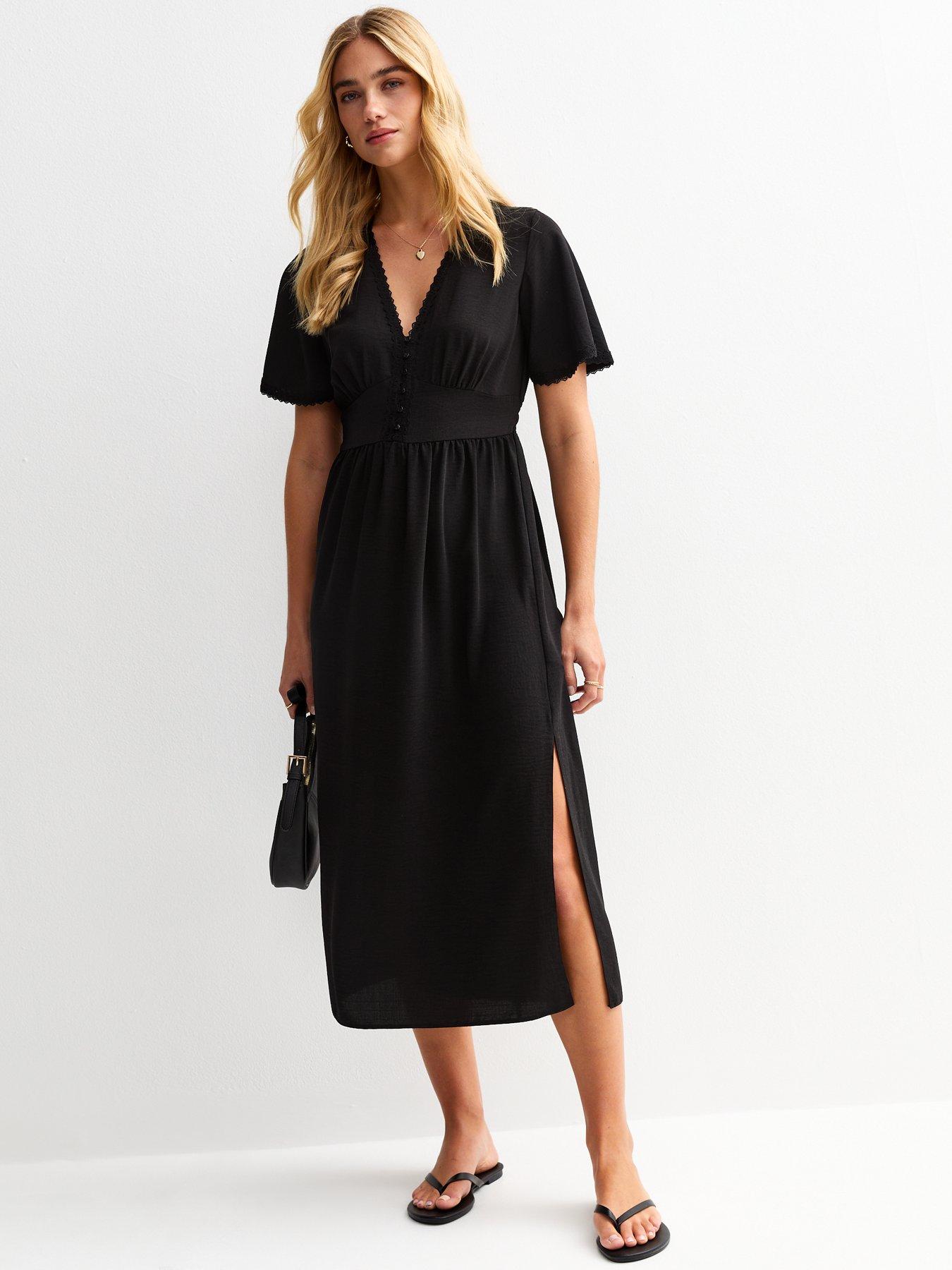 undefined Black Lace Trim Button Through Midi Dress