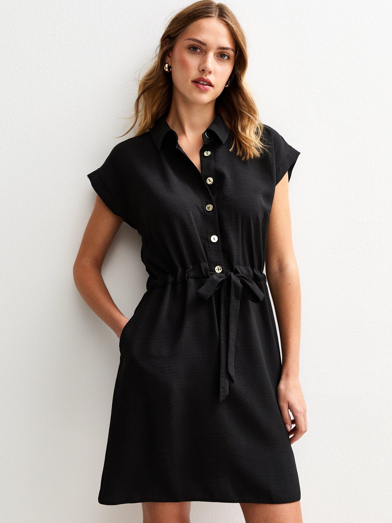 undefined Black Drawstring Waist Short Sleeve Mini Shirt Dress