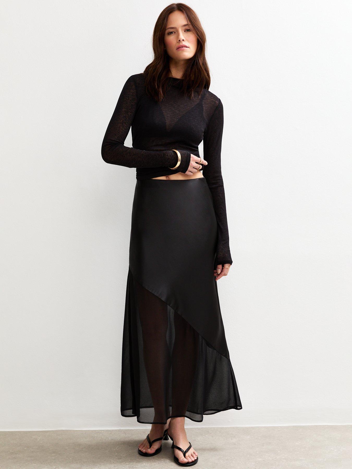 undefined Black Asymmetric Panelled Satin And Chiffon Midi Skirt