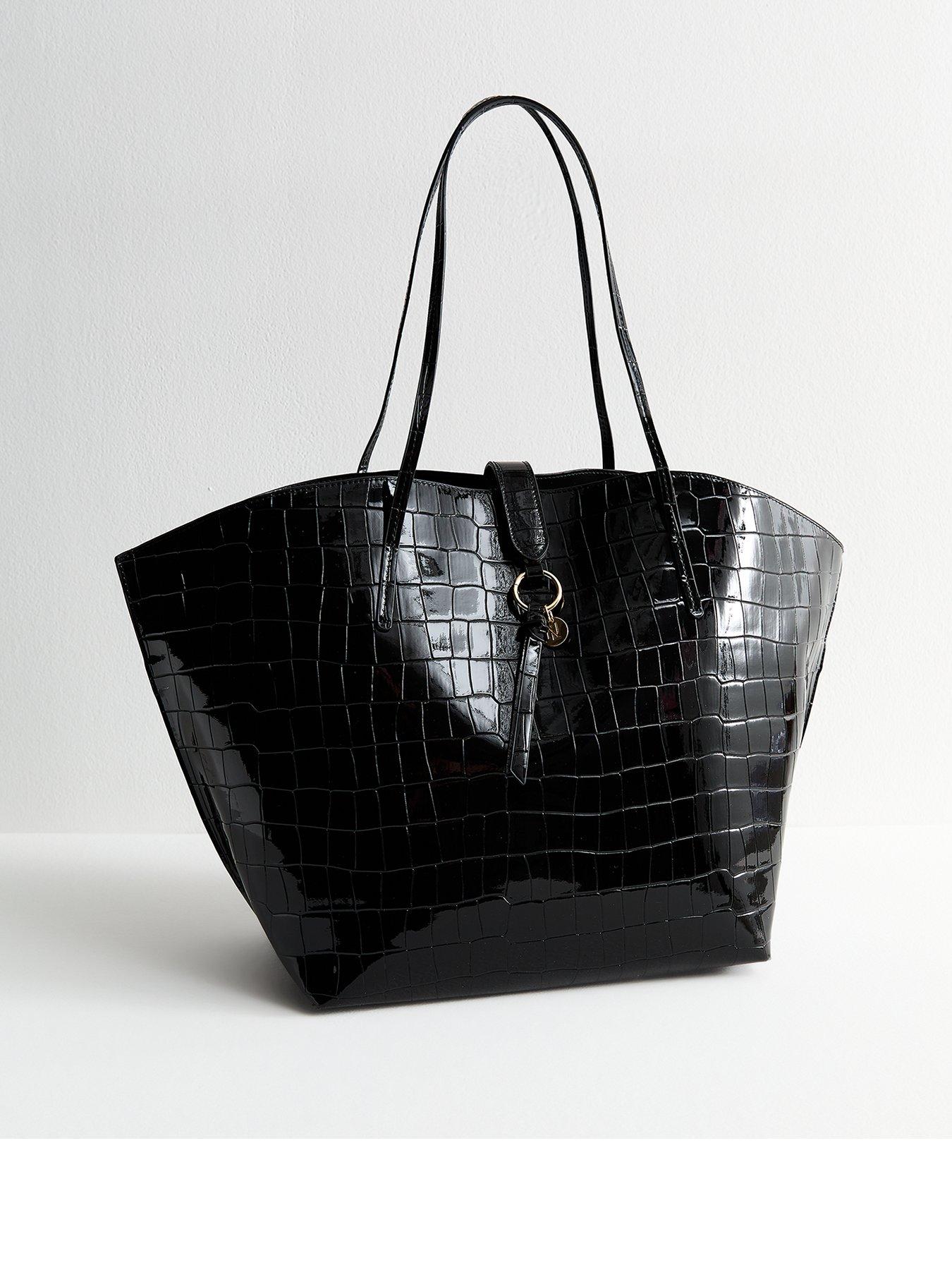 undefined Black Textured Faux Leather Large Tote Bag