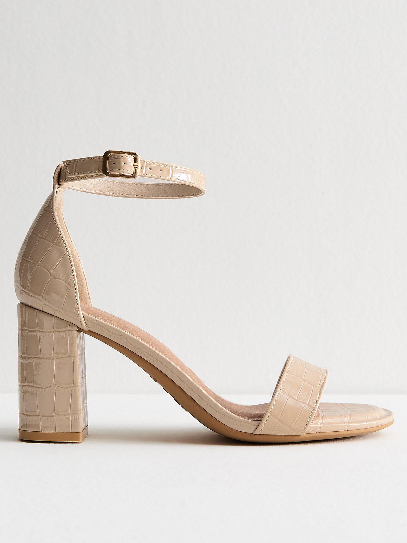 undefined Wide Fit Off White Snake Effect Block Heel Sandals