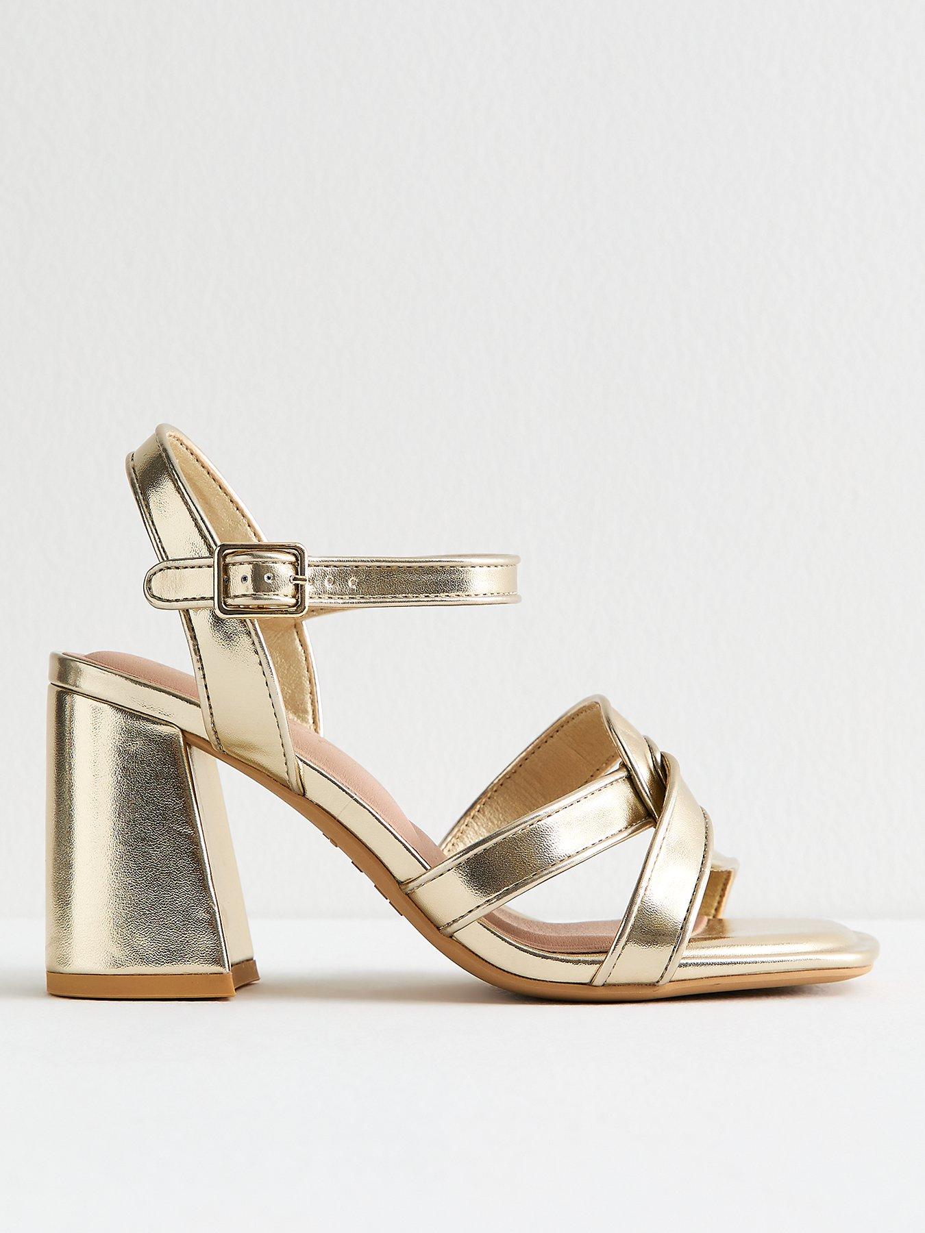 New Look Wide Fit Gold Metallic Twist Strap Block Heel Sandals