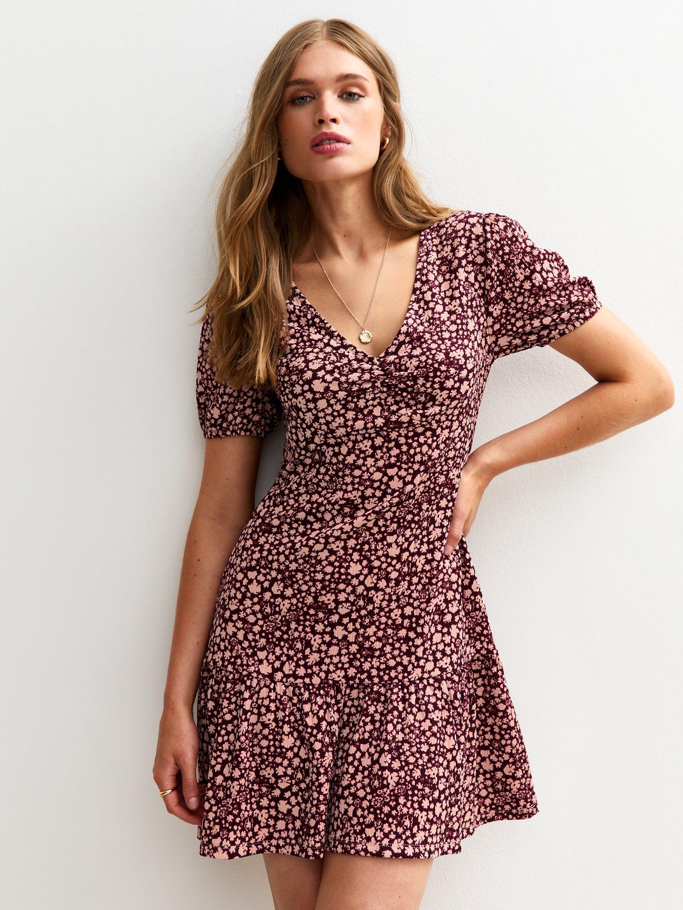 undefined Pink Ditsy Print Crinkle Texture V-neck Mini Dress