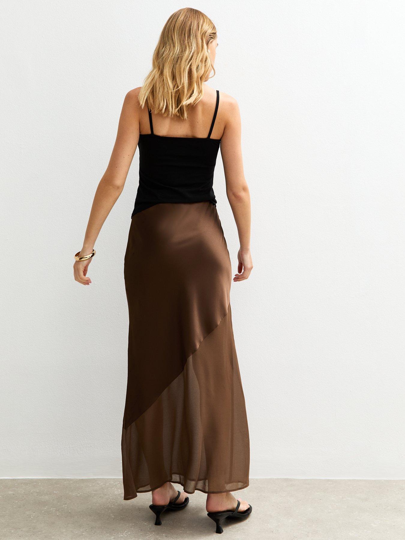 Image 2 of 5 of New Look Brown Asymmetric Panelled Satin And Chiffon Midi Skirt