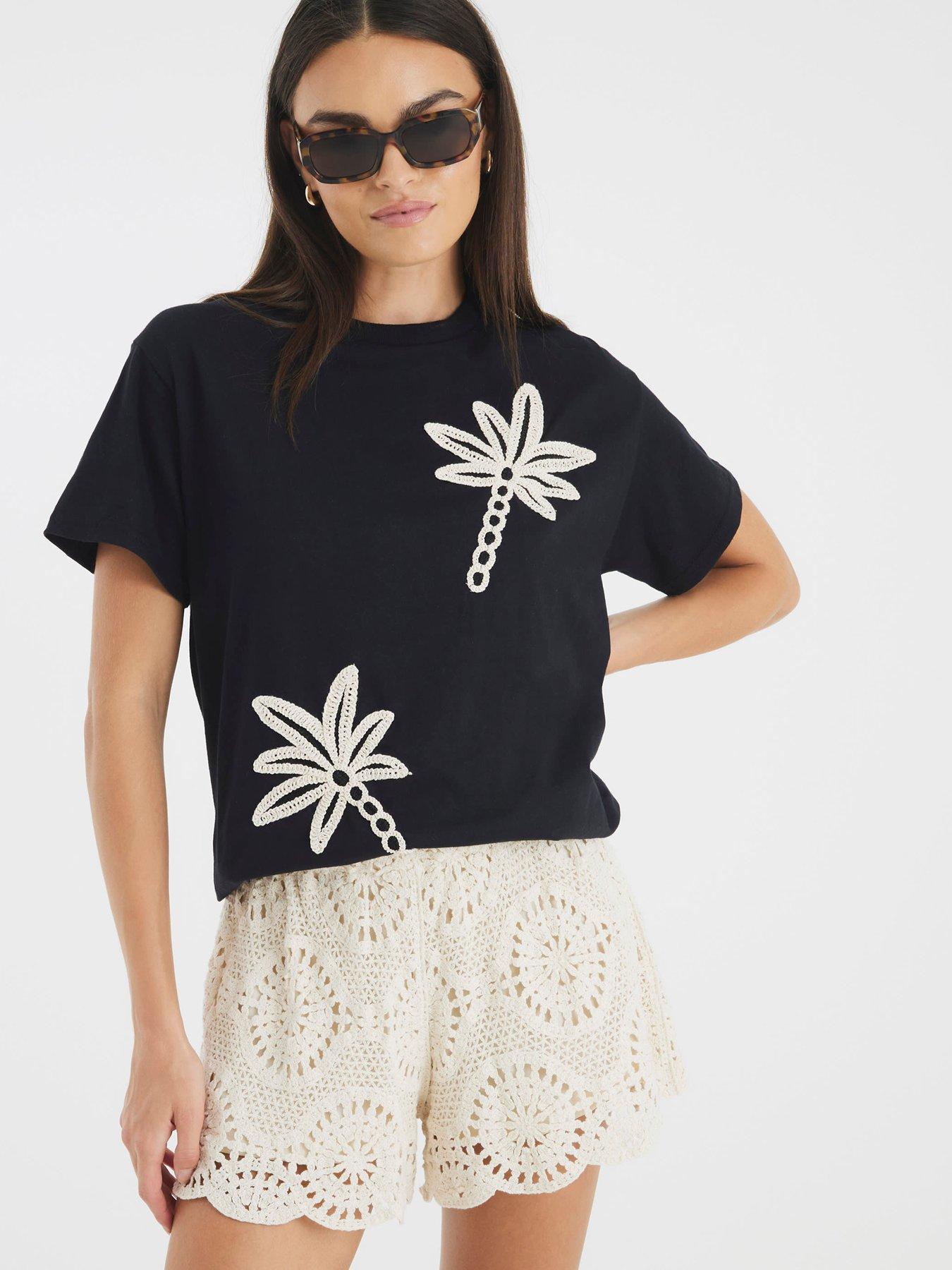 Image 1 of 4 of River Island Short Sleeve Palm Tree Crochet Tee - Black