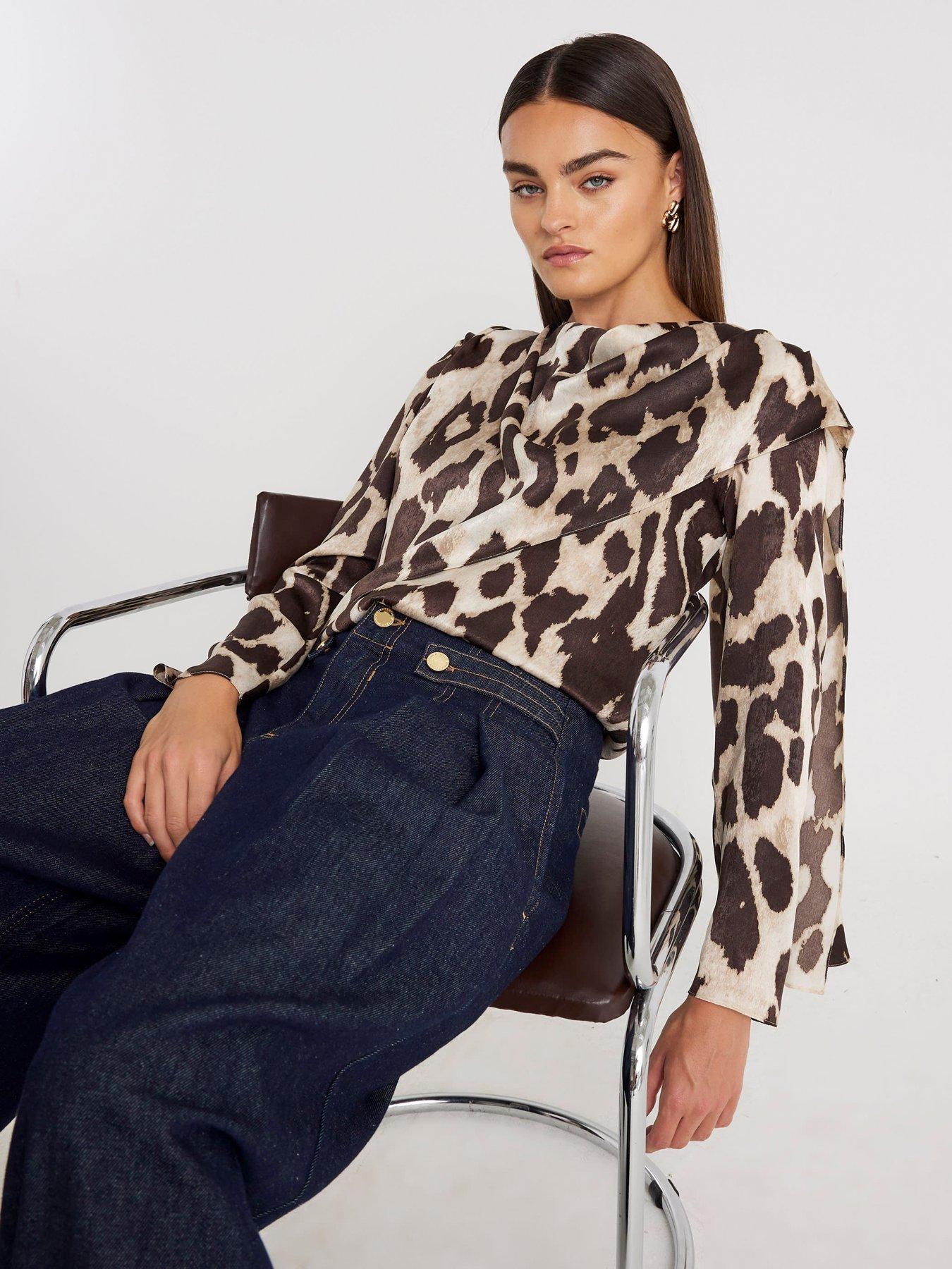 Image 3 of 4 of River Island Cowl Neck Drape Blouse - Brown
