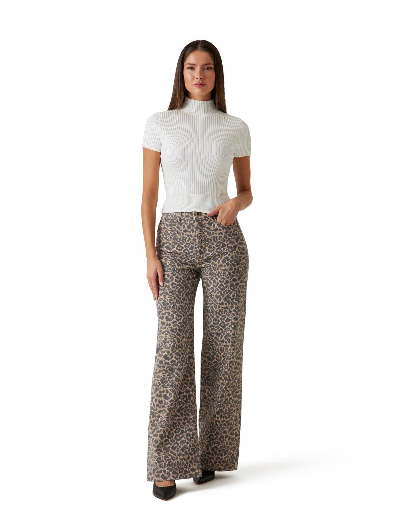 Guess Wide Leg Animal Print Trousers - Brown