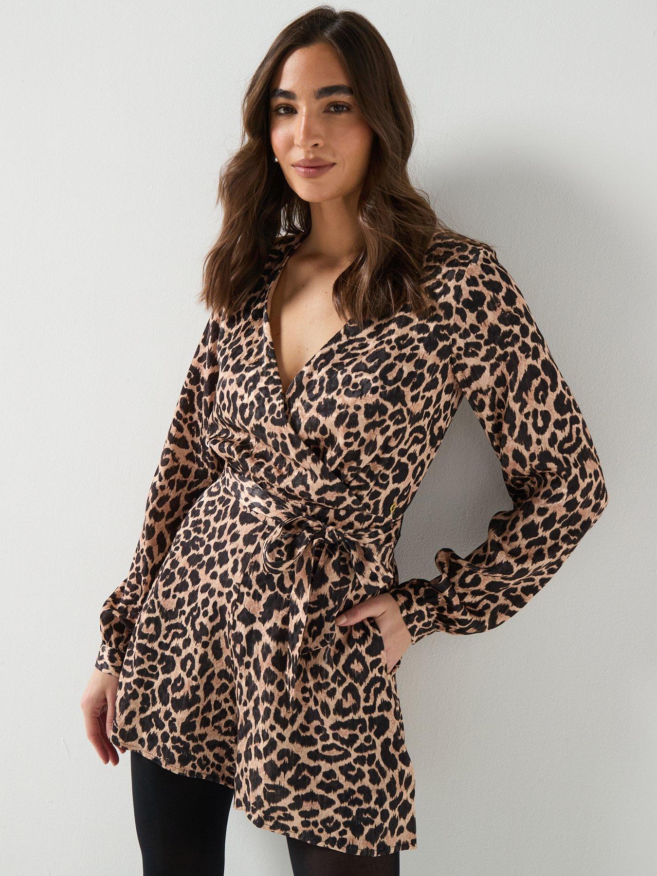 Image 1 of 6 of Guess Long Sleeve Malorie Belted Short Romper - Brown