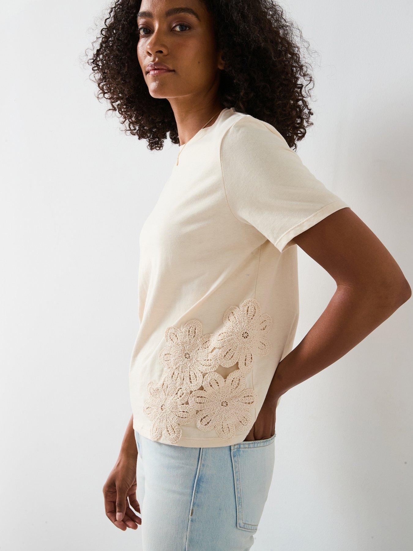 undefined Floral Embroidered Cotton T-Shirt - Cream