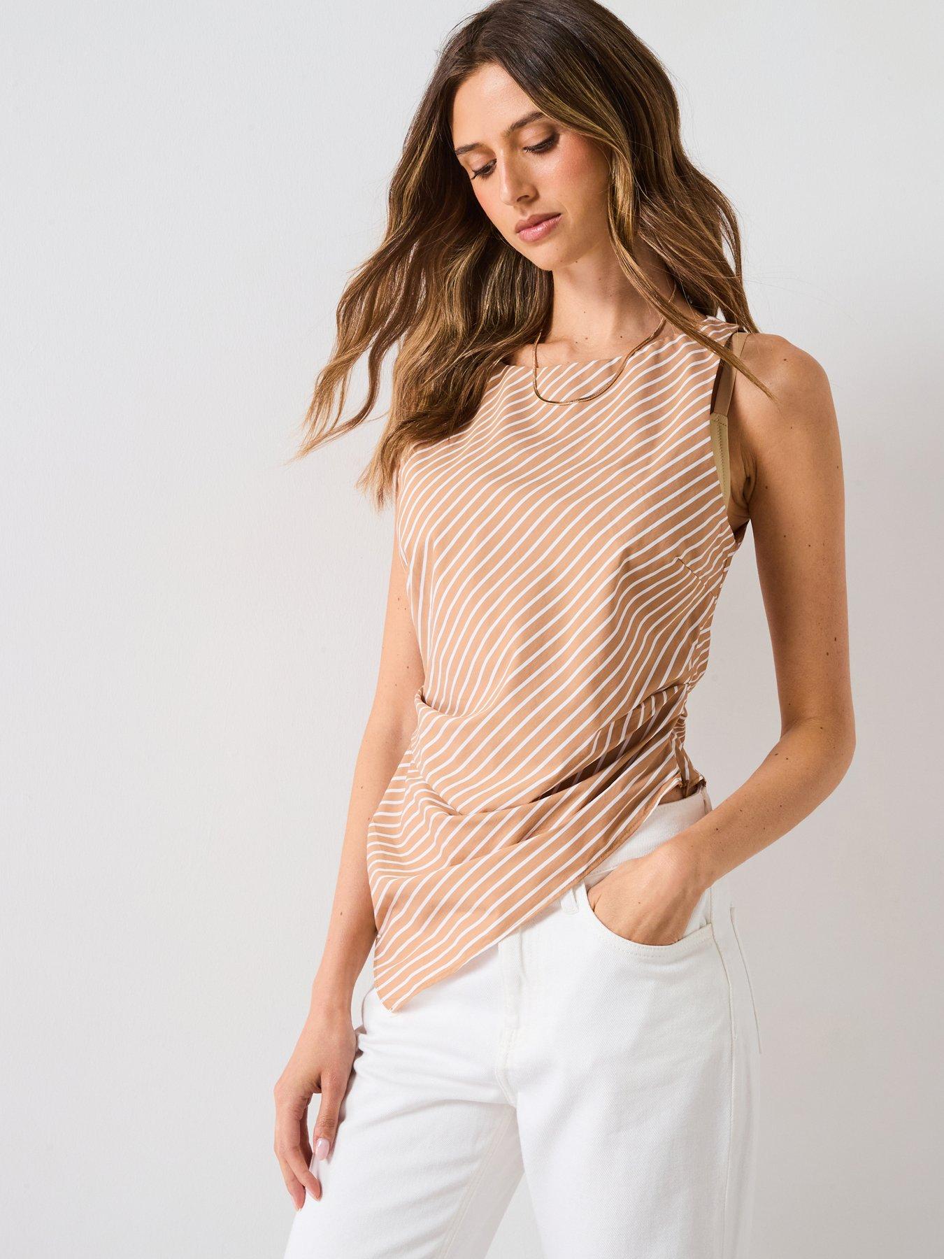 undefined Asymmetrical Striped Cotton Top - Brown