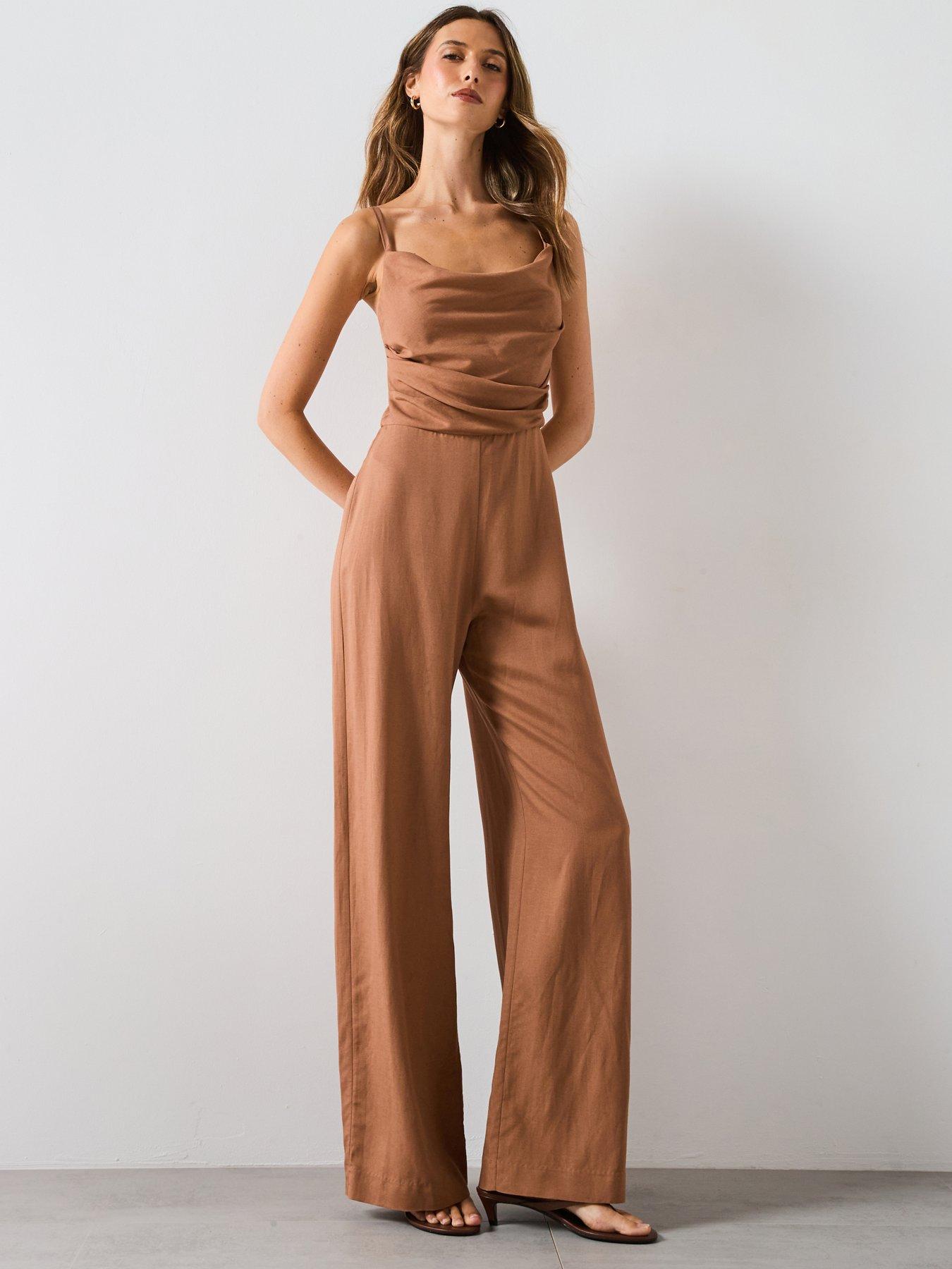 undefined Long Jumpsuit With Draped Neckline - Brown