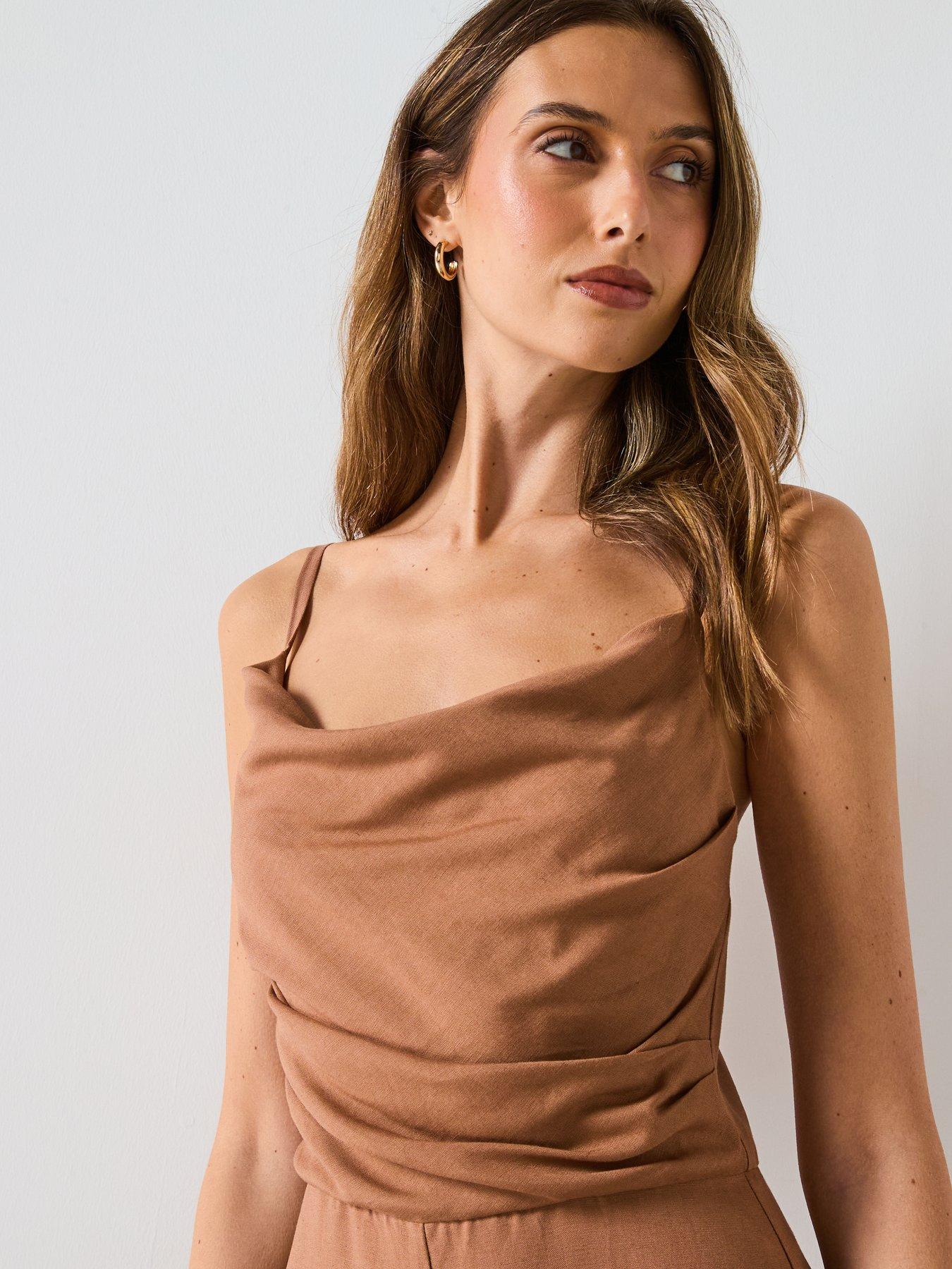 Image 4 of 5 of Mango Long Jumpsuit With Draped Neckline - Brown