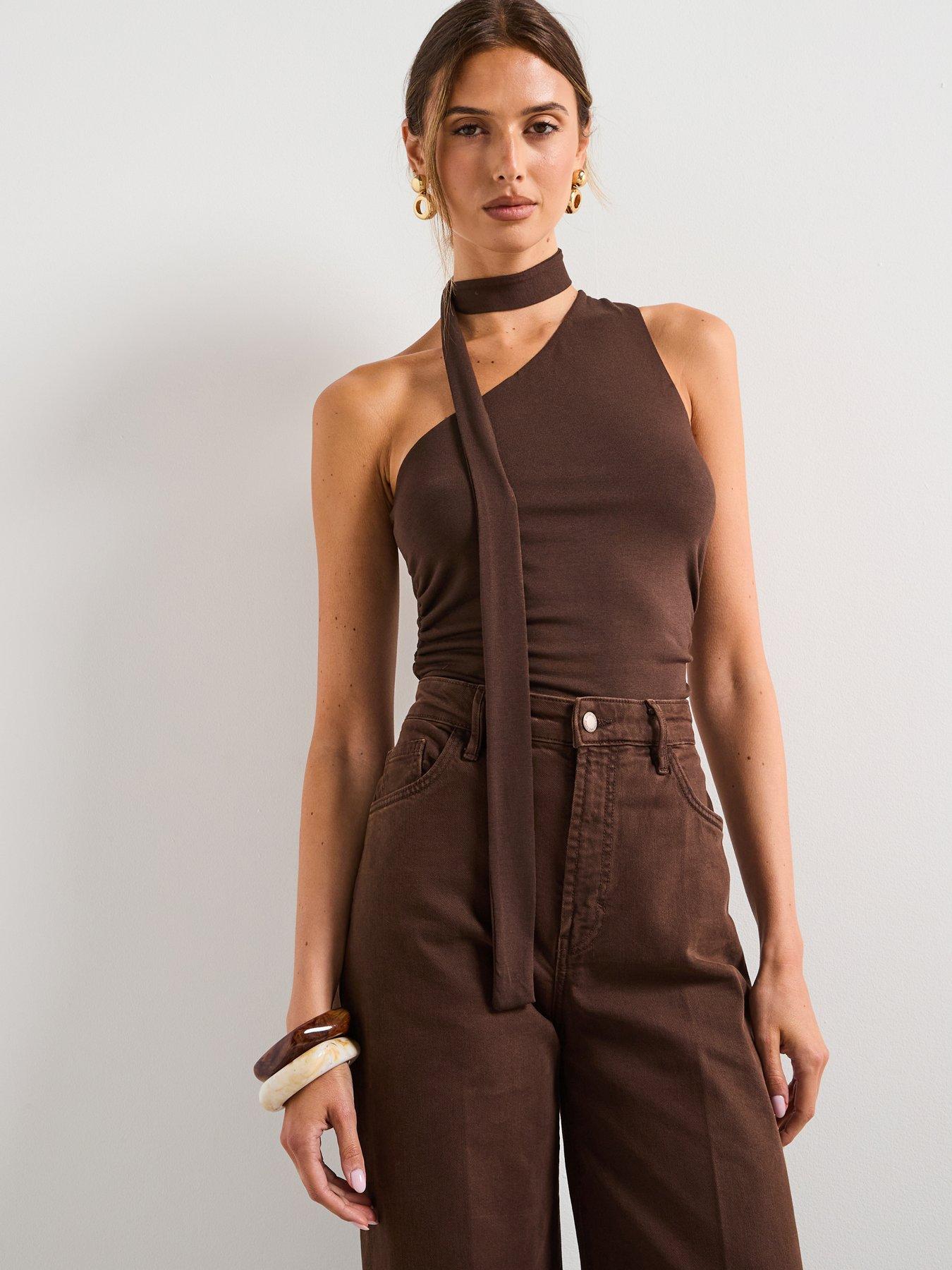 undefined One Shoulder Drape Top - Brown
