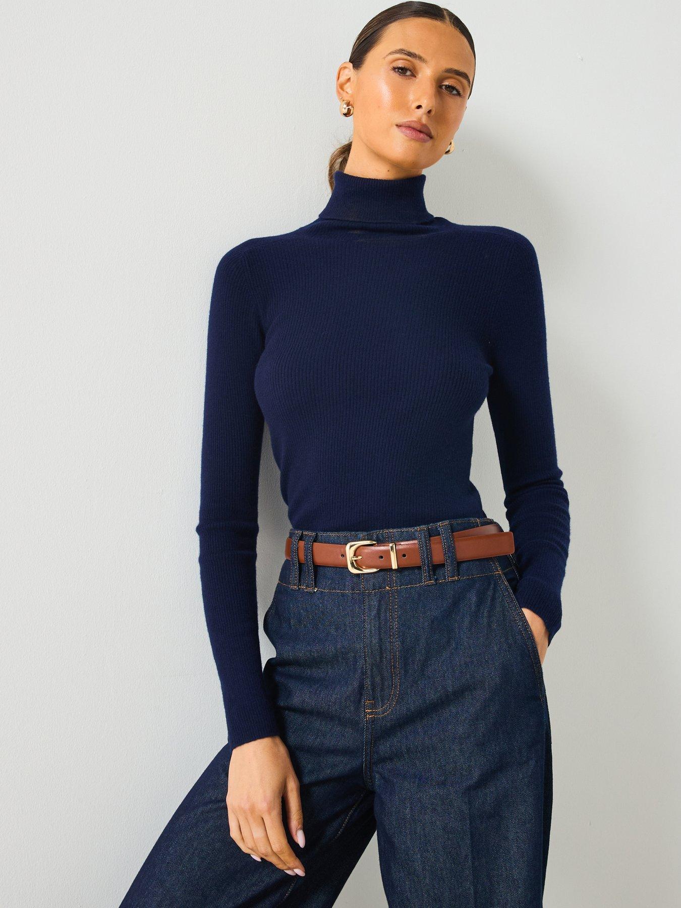 Mango Roll Neck Fine Knit Jumper - Navy