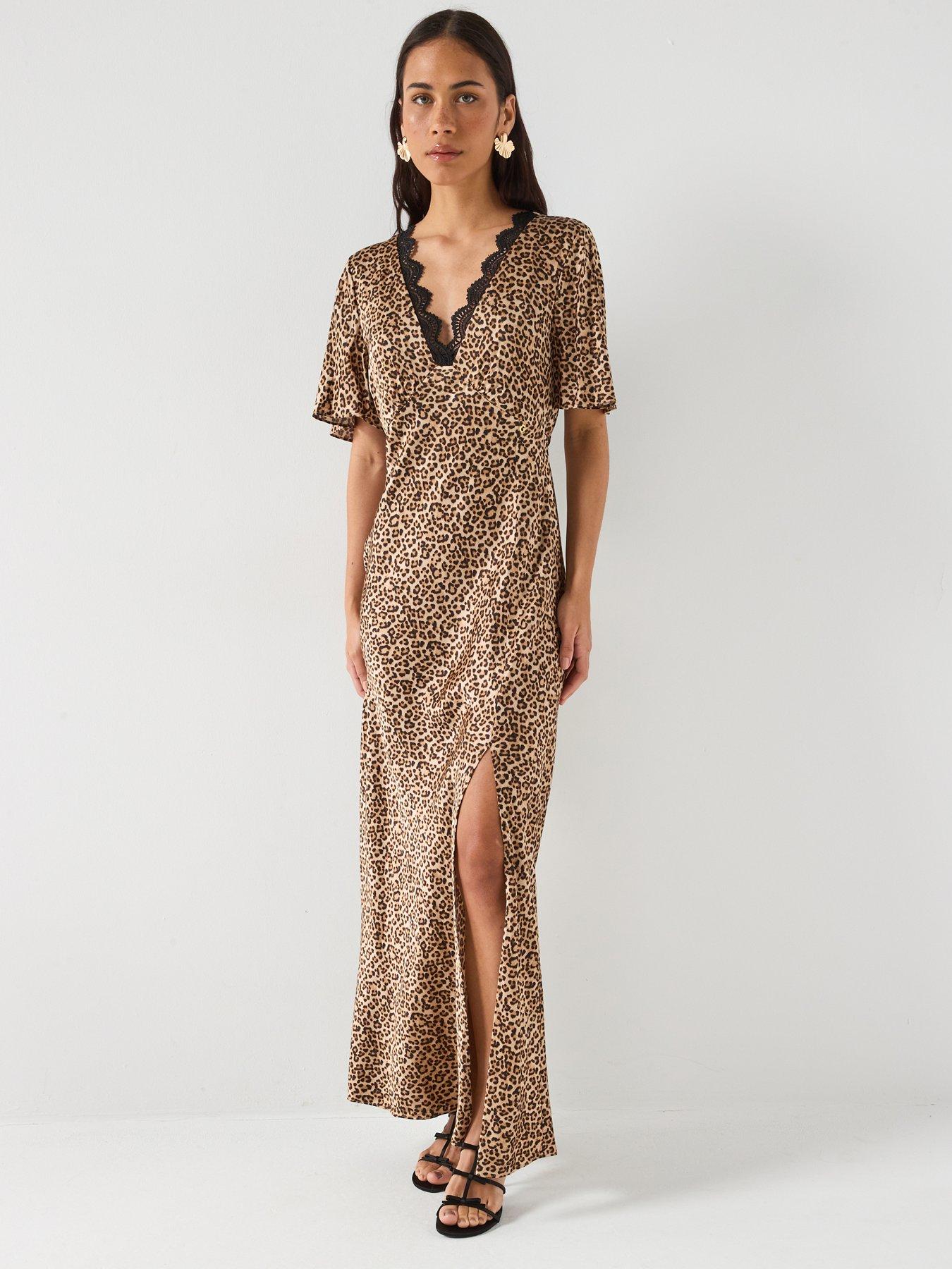 Guess Short Sleeve Martine Split Long Dress - Brown