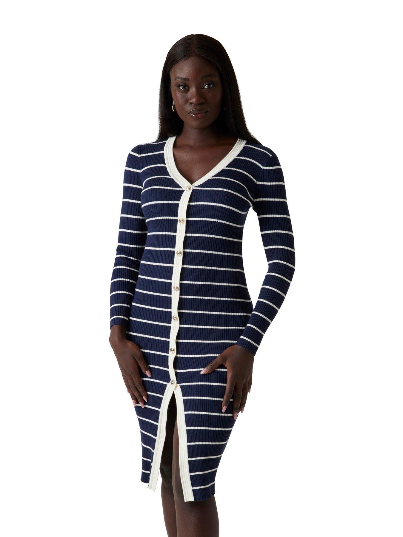 Guess Long Sleeve V Neck Striped Andrea Midi Dress - Blue